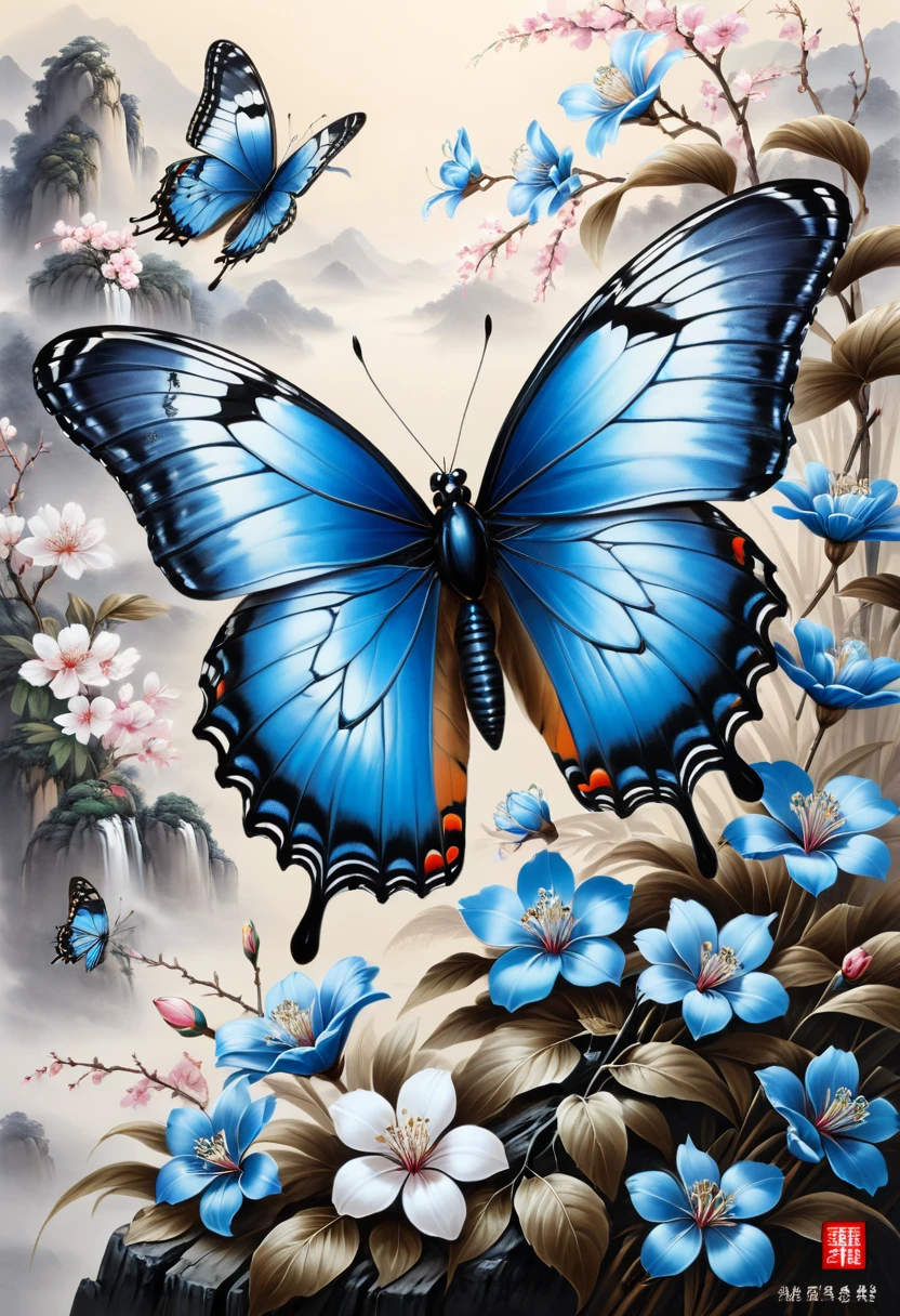 blue butterfly, (masterpiece, best quality, Professional, perfect composition, very aesthetic, absurdres, ultra-detailed, intricate details:1.3), by wu daozi