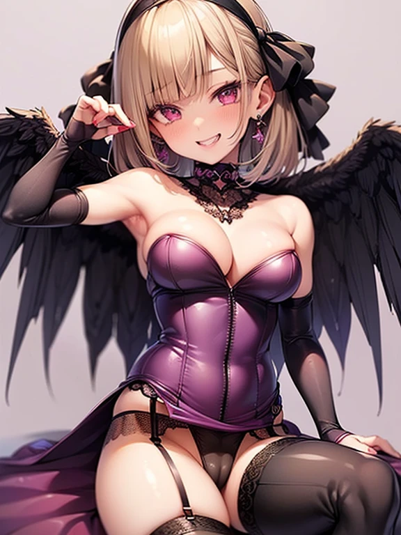 ((highest quality)), ((masterpiece)), (detailed), (Character Focus、breast focus,whole body), (One Girl: 1.1)、Anime 2D Rendering, Realistic young anime woman,
Five Fingers, Perfect Face, Beautiful fine details, Beautiful body, Beautiful thighs, Beautiful feet, White beautiful skin、Perfect round butt、Fit and body, Big Breasts、
Blonde、(short hair)、dark red eyes、Earrings、
((Purple bodycon suit:1.4、Microsuit、Gloss、tight)、(garter belt、Black knee-high stockings:1.4)、(Black High Heels))、 Face towards the viewer、Sexy pose,erotic,romantic、A pretty face and a charming smile、(Grin、blush, excited)