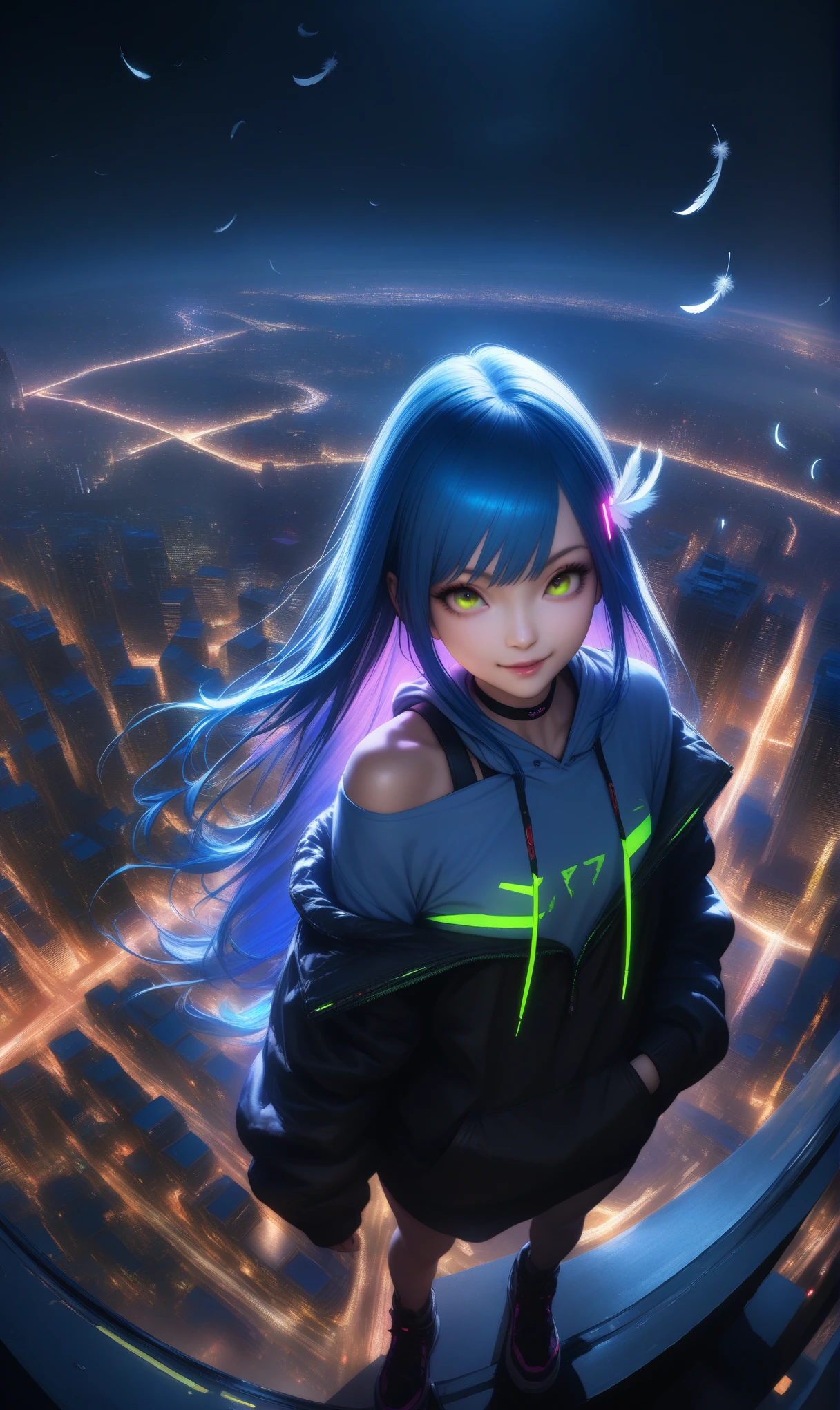 32k, best quality, ultra high res, HDR, UHD, extremely detailed CG, unity 32k wallpaper, (masutepiece), Best Quality, 超A high resolution,, Cyberpunk 1 girl flies over stunning cityscapes ,Hoodie,Blue hair, neon color流れ星, Very long hair, off shoulders, feathers hair ornament, neon color, flashes, stunning night sky, Cinematic lighting, Photorealistic, Realistic skin, Fisheye, (32k), smile,