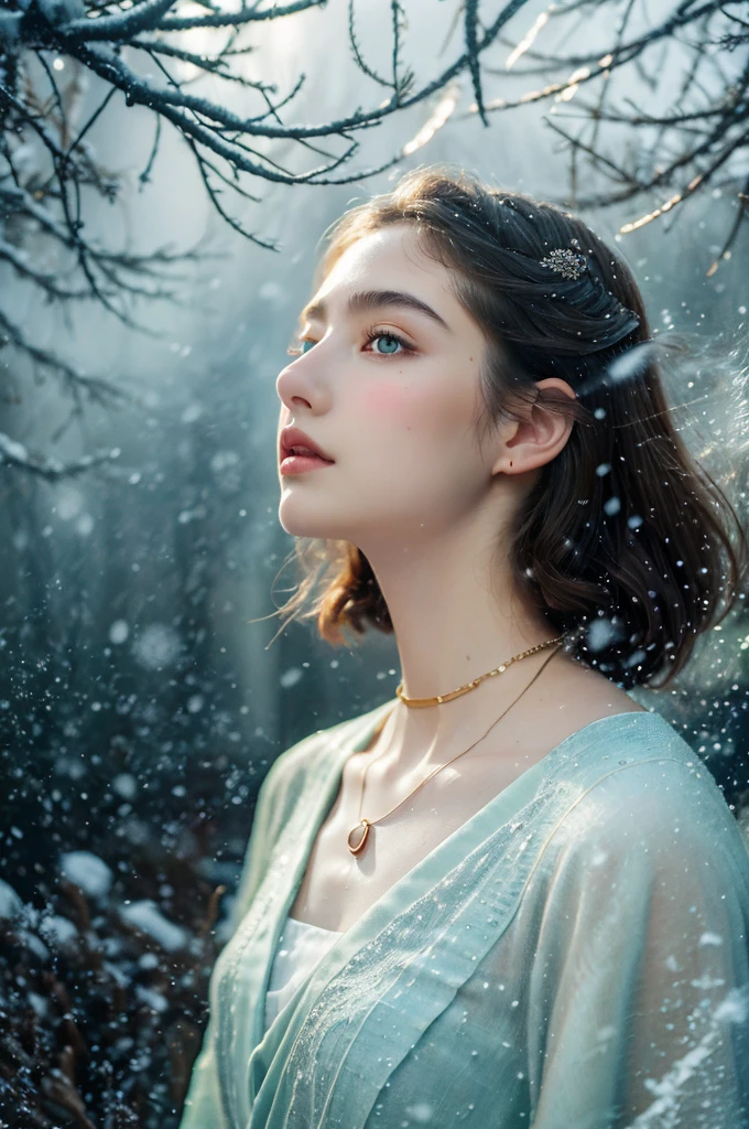 ( masterpiece, top quality, best quality,8k,17 years old girl,ultra detailed,raw photo:1.5),(photorealistic:1.4), (cinematic lighting), PerfectNwsjMajic, , Surrealism, UHD, ccurate, Super detail, textured skin, High detail, Best quality, dynamic angle, White skin,[Beautiful blue eyes], high nose,[flat chest:large breasts:0.5],(1girl),((good anatomy:0.5)), Dreamy atmosphere,expressive brush strokes, mystical ambiance, Artistic interpretation, Stunning Studio Ghibli style costumes, a whimsical illustration, Subtle colors and tones, mystical aura, jewelry, splendor ,snow storm