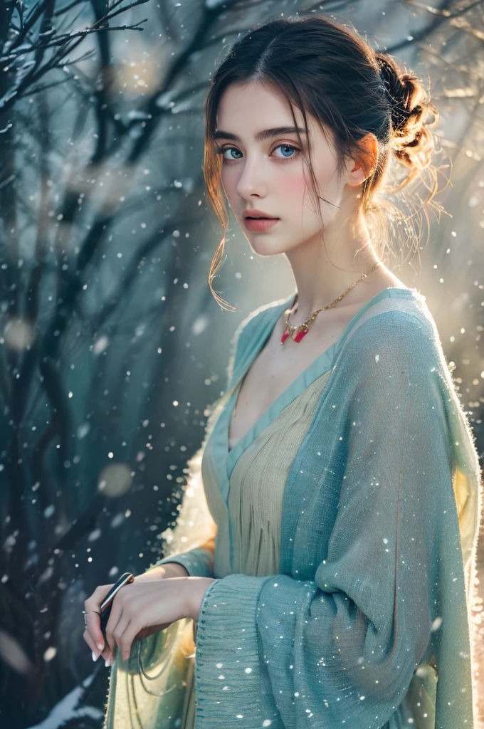 ( masterpiece, top quality, best quality,8k, girl,ultra detailed,raw photo:1.5),(photorealistic:1.4), (cinematic lighting), PerfectNwsjMajic, , Surrealism, UHD, ccurate, Super detail, textured skin, High detail, Best quality, dynamic angle, White skin,[Beautiful blue eyes], high nose,[flat chest:large breasts:0.5],(1girl),((good anatomy:0.5)), Dreamy atmosphere,expressive brush strokes, mystical ambiance, Artistic interpretation, Stunning Studio Ghibli style costumes, a whimsical illustration, Subtle colors and tones, mystical aura, jewelry, splendor ,snow storm