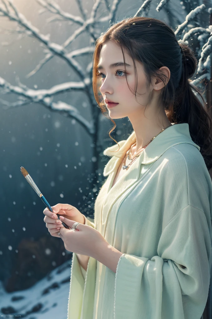 ( masterpiece, top quality, best quality,8k,17 years old girl,ultra detailed,raw photo:1.5),(photorealistic:1.4), (cinematic lighting), PerfectNwsjMajic, , Surrealism, UHD, ccurate, Super detail, textured skin, High detail, Best quality, dynamic angle, White skin,[Beautiful blue eyes], high nose,[flat chest:large breasts:0.5],(1girl),((good anatomy:0.5)), Dreamy atmosphere,expressive brush strokes, mystical ambiance, Artistic interpretation, Stunning Studio Ghibli style costumes, a whimsical illustration, Subtle colors and tones, mystical aura, jewelry, splendor ,snow storm