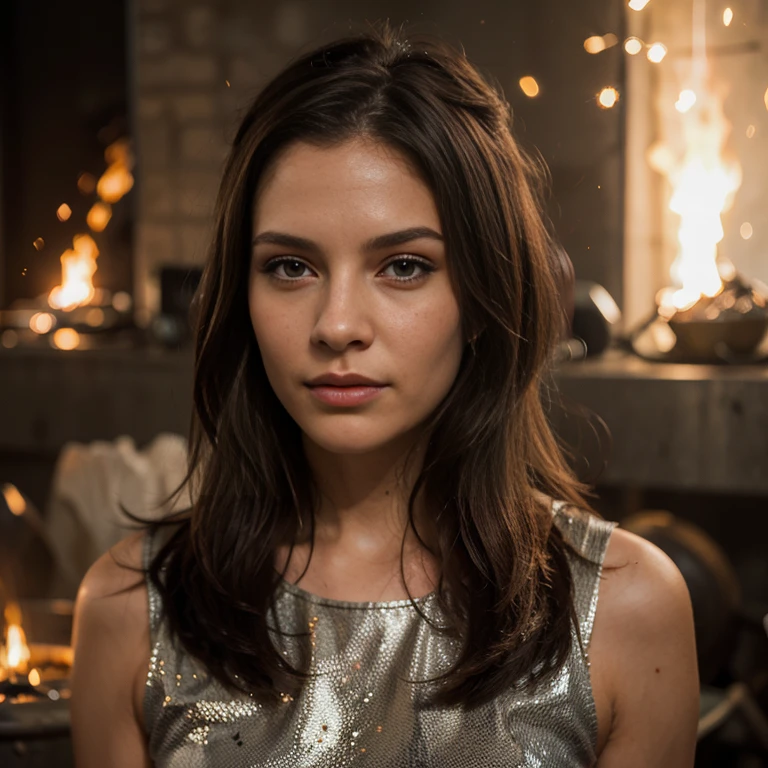 a woman, 25ear old, long brunette hairs, textured skin, a lot of details, dans une fonderie, molten metal, Sparks, peau moite, salopette en cuire