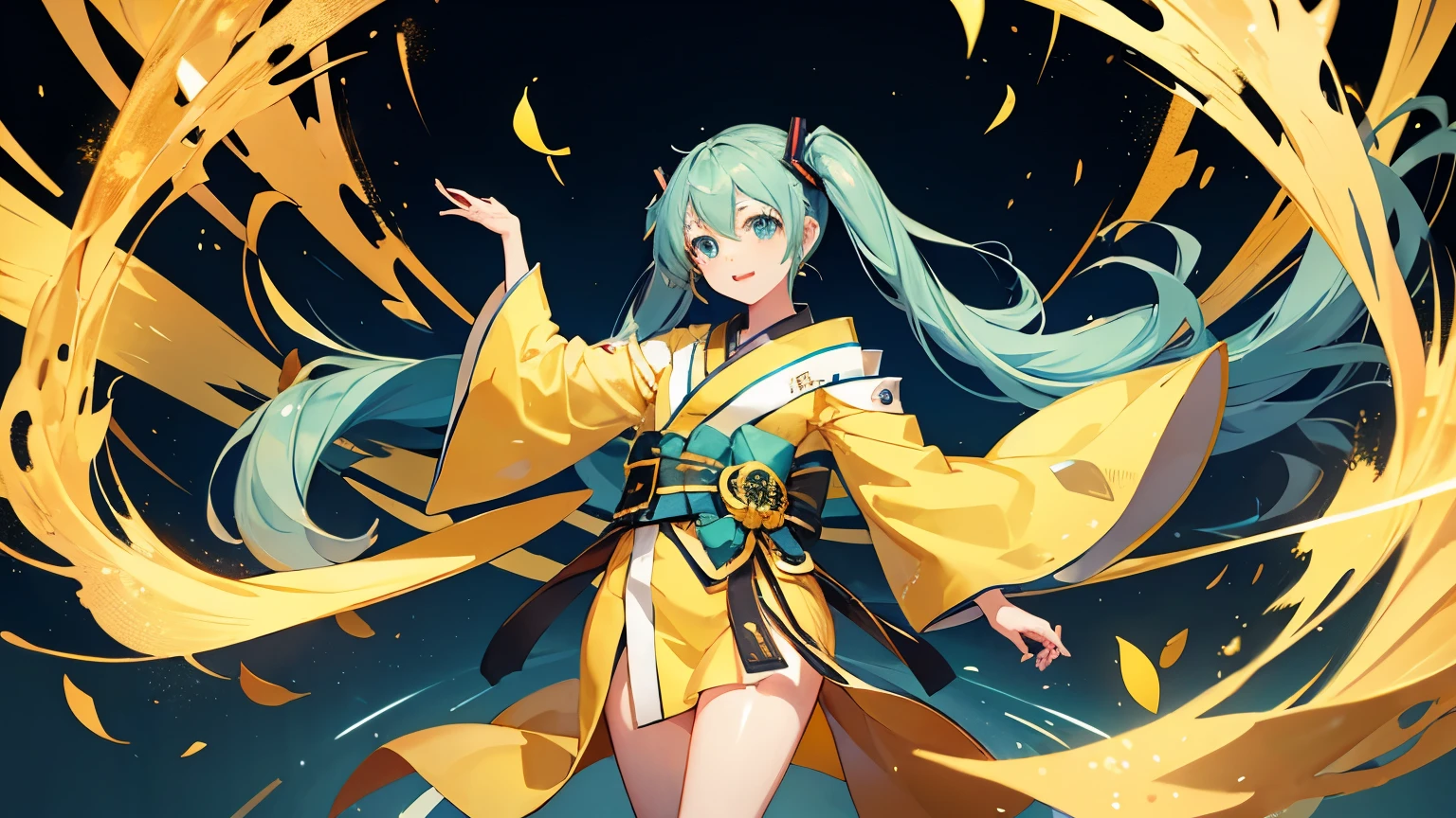 Hatsune Miku in a golden kimono、Gold background