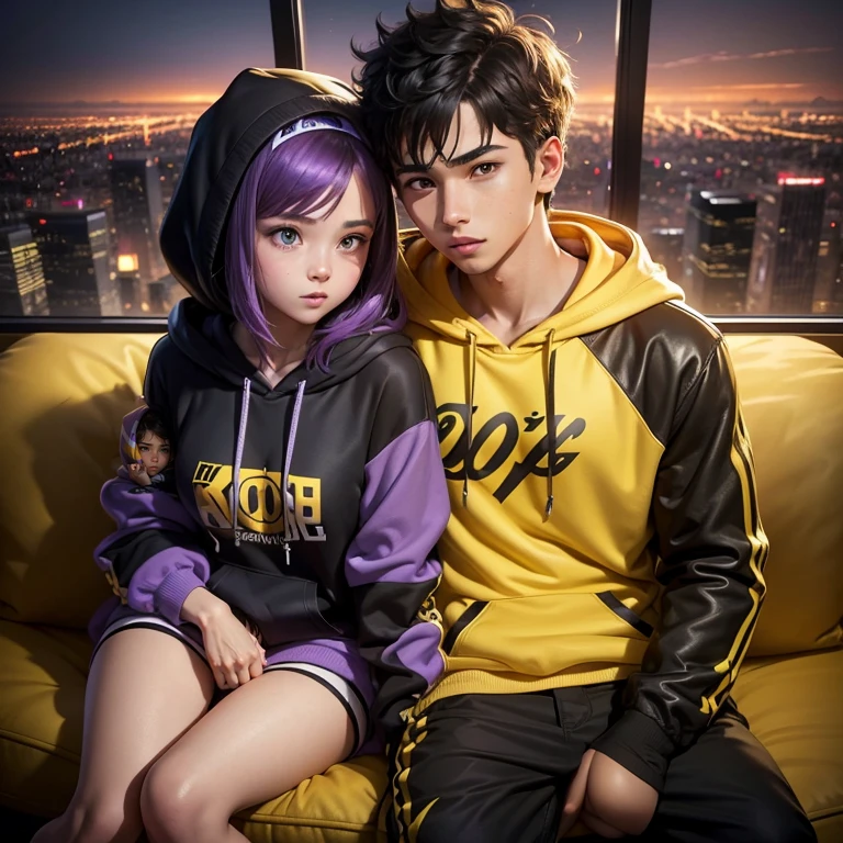 a picture of a Boy gamer wearing a yellow and black hoodie His girlfriend is sitting in his hug and she is wearing a purple hoodie,on his gamaing penthouse and Los Angeles city view