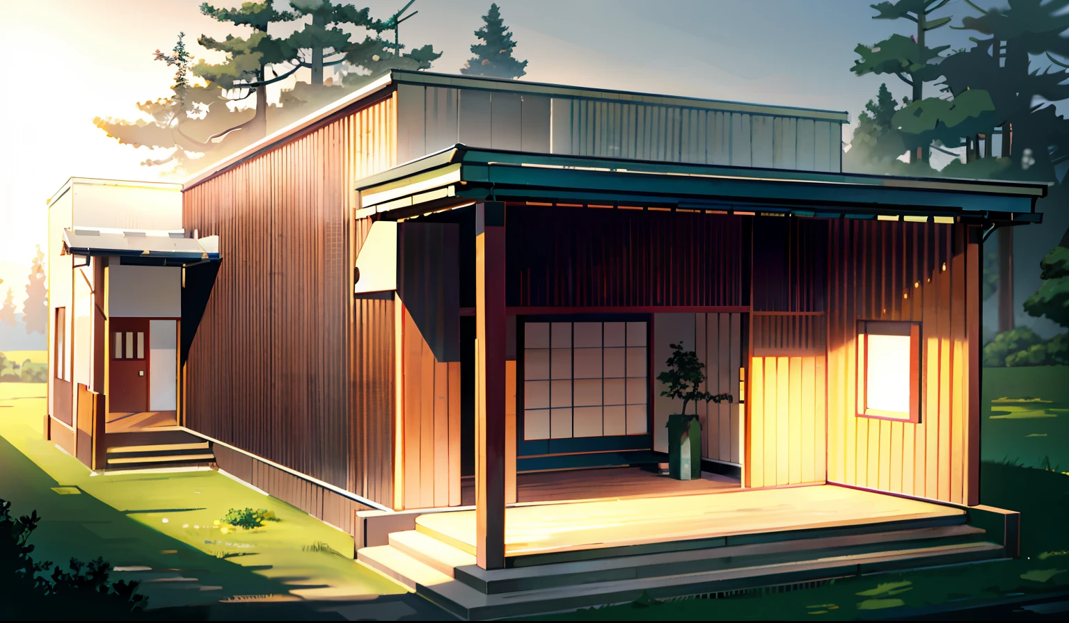 (Japanese modern Landscape), (Hayao Miyazaki Style), japanese modern house, road, bend, small house, tree, pole, white cloud, landscape, outdoor, green trees, epic composition, realistic lighting, high-definition detail, masterpiece, the best quality, (very detailed CG unified 8k wallpaper), --v6