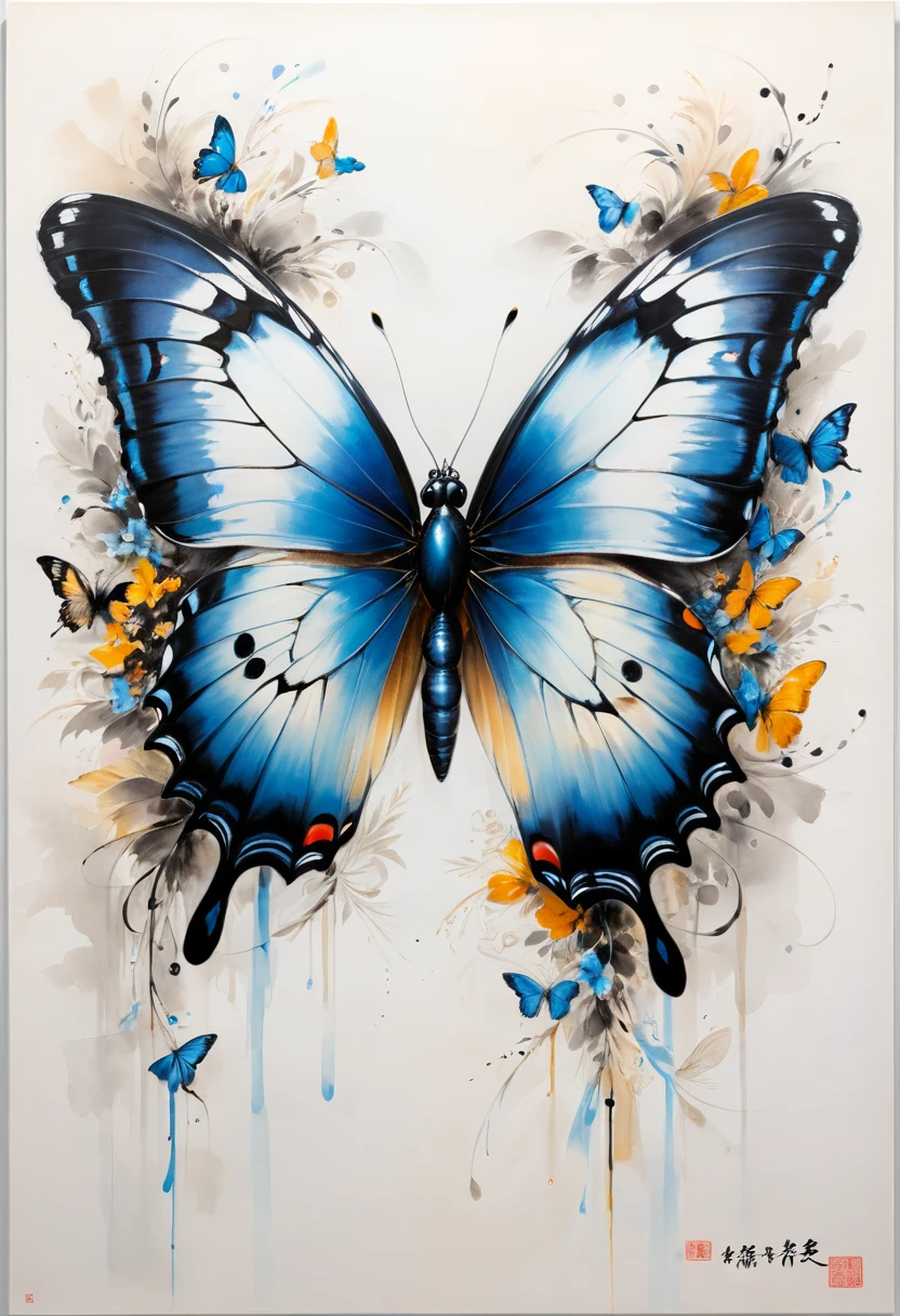 blue butterfly, (masterpiece, best quality, Professional, perfect composition, very aesthetic, absurdres, ultra-detailed, intricate details:1.3), by Zao Wou-Ki