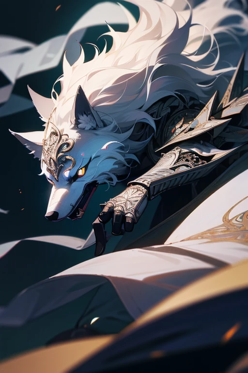 Wolf Knight, fine armor, Intricate Design, Silver, silk, Cinema Lighting, 4K, Floating Hair, sharp