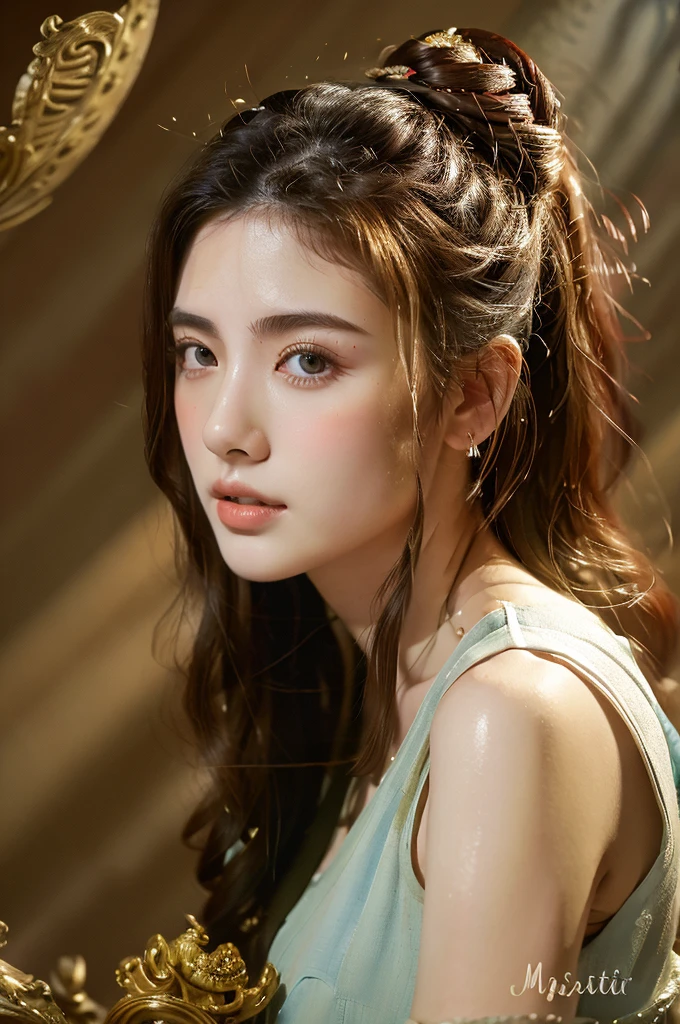 ( masterpiece, top quality, best quality,8k,17 years old girl,ultra detailed,raw photo:1.5),(photorealistic:1.4),(cinematic lighting), PerfectNwsjMajic, , Surrealism, UHD, ccurate, Super detail, textured skin, High detail, Best quality, dynamic angle, (high nose,White skin),[Beautiful blue eyes],(1girl),(good anatomy:0.5)), dunhuang_style, Dreamy atmosphere,expressive brush strokes, mystical ambiance, Artistic interpretation, a whimsical illustration, Subtle colors and tones, straight face