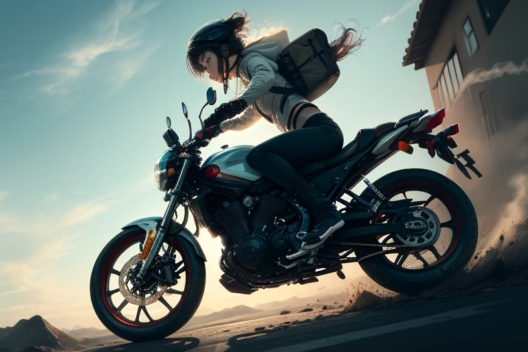 masterpiece, highest quality, One girl, (cigarette:1.0), Riding on motorcycle, View your viewers, , 、
The bike is tilted towards the viewer and slides.、Applying the brakes,Put one foot out、Dust rises after braking、