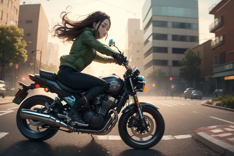 masterpiece, highest quality, One girl, (cigarette:1.0), Riding on motorcycle, View your viewers, , 、
The bike is tilted towards the viewer and slides.、Applying the brakes,Put one foot out、Dust rises after braking、