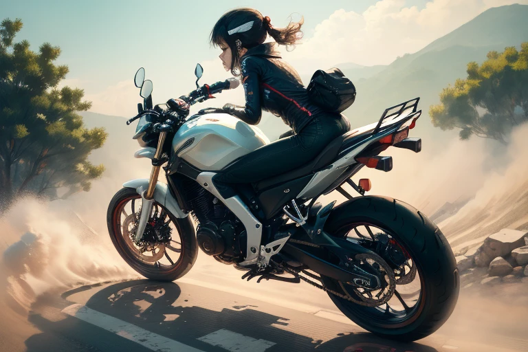 masterpiece, highest quality, One girl, (cigarette:1.0), Riding on motorcycle, View your viewers, , 、
The bike is tilted towards the viewer and slides.、Applying the brakes,Put one foot out、Dust rises after braking、