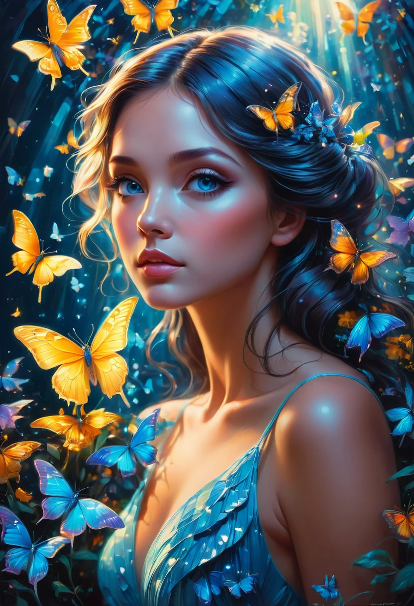 blue butterfly, by Brandon Woelfel and Greg Manchess, best quality, masterpiece, very aesthetic, perfect composition, intricate details, ultra-detailed