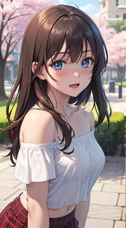((masterpiece, best quality, highres, UHD, perfect pixel, depth of field, 4k, RTX, HDR))), 1girl, single, solo, beautiful anime girl, beautiful artstyle, anime character, ((long hair, bangs, brown hair, curly hair:0.8)), ((Light blue eyes:1.4, rounded eyes,Shining eyes Beautiful eyelashes, realistic eyes)), ((detailed face, blushing:1.2)), ((smooth texture:0.75, realistic texture:0.65, photorealistic:1.1, anime CG style)), medium breasts, dynamic angle, perfect body, ((POV, dynamic pose, portrait)), (( white Tshirt, black skirt, plaid skirt)), smile, open mouth, amusement park, cherry blossom、(Off the shoulder:1.3)、Glowing Skin、midriff peek、Red Lip