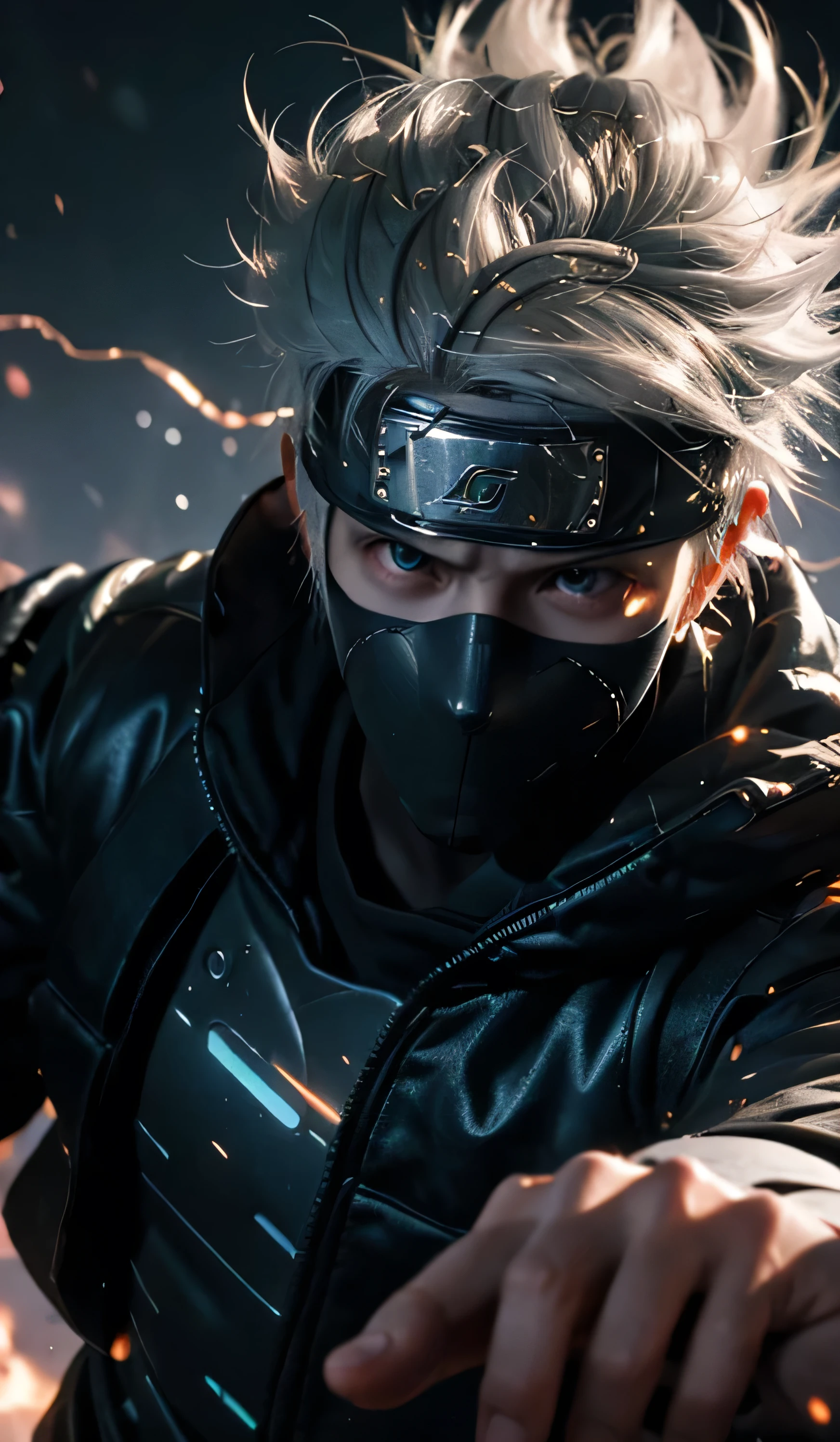 (dramatic, gritty, intense:1.4),masterpiece, best quality, 8k, insane details, intricate details, hyperdetailed, hyper quality, high detail, ultra detailed, Masterpiece,upper body, close-up,(imid shot,macro shot:1.25),(white hair:1.2),1boy,
Kakashi Hatake in Naruto, holographic reality, holographic halo, motion blur, game light effect, rim light, soft light, movie rim light, delicate light, cyberpunk style, oil painting texture, full length shot, 3D artist, detailed, futuristic, lightning,