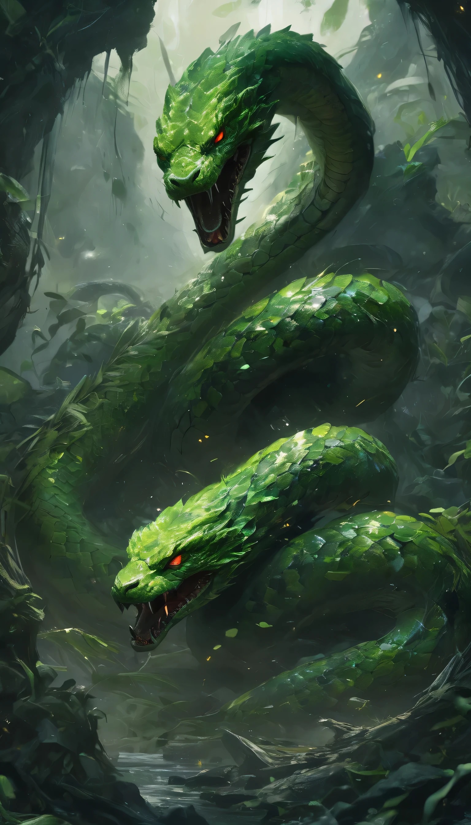 A sleek three-headed snake covered in green scales reminiscent of Razer branding, it coats its foes in venomous energy, boss monster, massive size, fierce expression, looking down, scary look, mean look, fierce, long body, green body, wide shot, long shot, kaiju, massive monster, detailed background, swamp, ruins, dungeon, epic battle, hero vs monster, full, uncropped subject, dust, wind, dark, dim light, volumetric lighting, Hyperrealism, breathtaking, ultra realistic, ultra detailed, cinematic lighting, highly detailed, breathtaking, photography, stunning environment, wide-angle