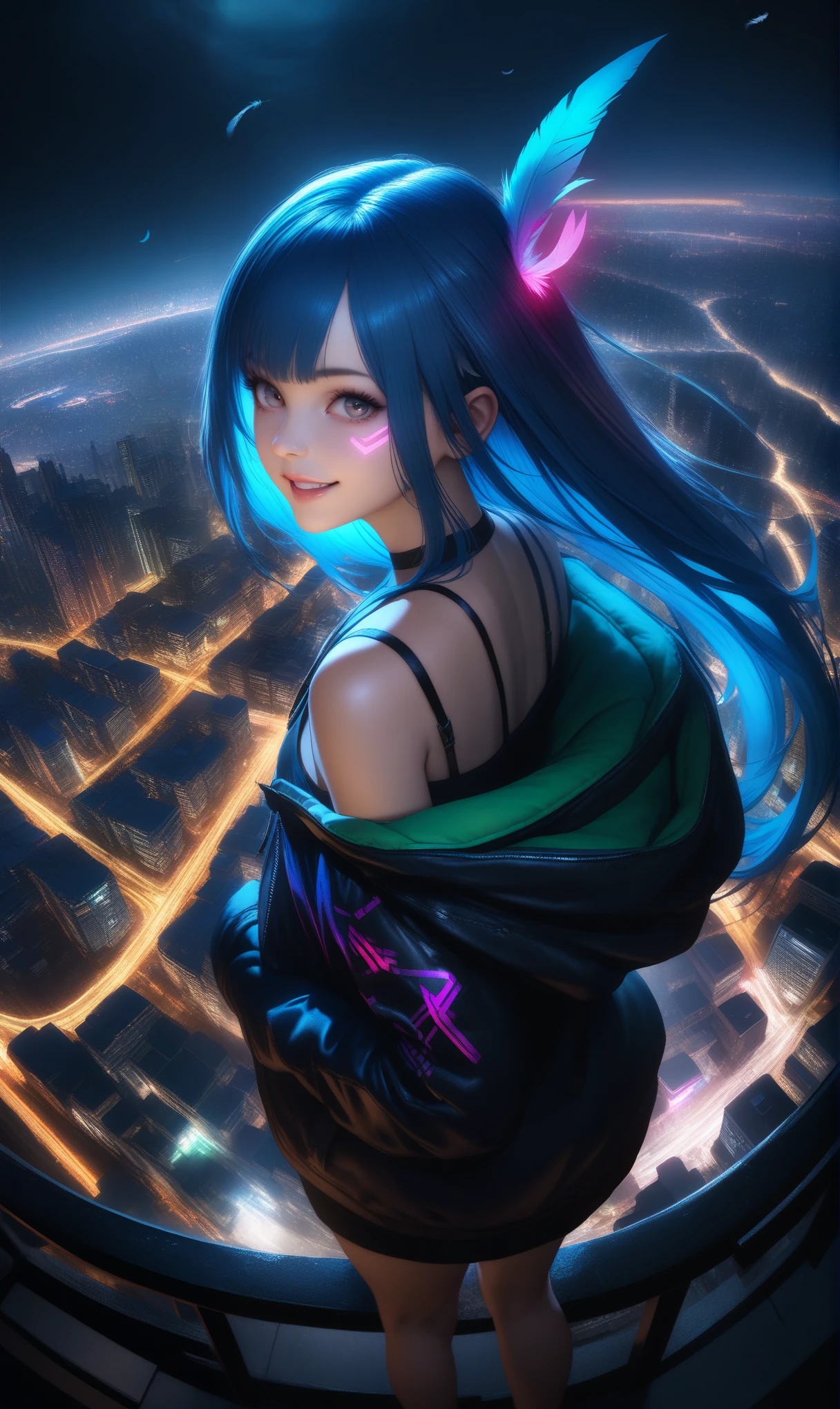 32k, best quality, ultra high res, HDR, UHD, extremely detailed CG, unity 32k wallpaper, (masutepiece), Best Quality, 超A high resolution,, Cyberpunk 1 girl flies over stunning cityscapes ,Hoodie,Blue hair, neon color流れ星, Very long hair, off shoulders, feathers hair ornament, neon color, flashes, stunning night sky, Cinematic lighting, Photorealistic, Realistic skin, Fisheye, (32k), smile,