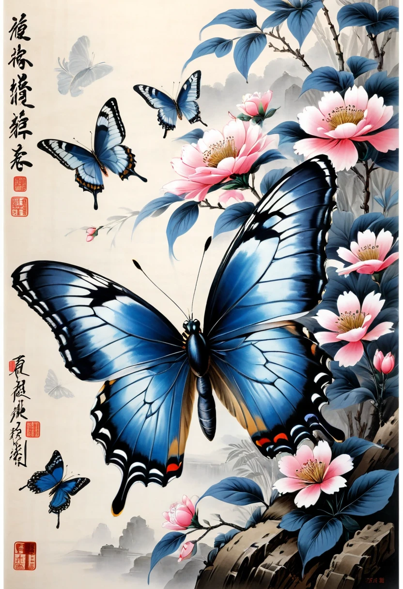 blue butterfly, (masterpiece, best quality, Professional, perfect composition, very aesthetic, absurdres, ultra-detailed, intricate details:1.3), by xu beihong