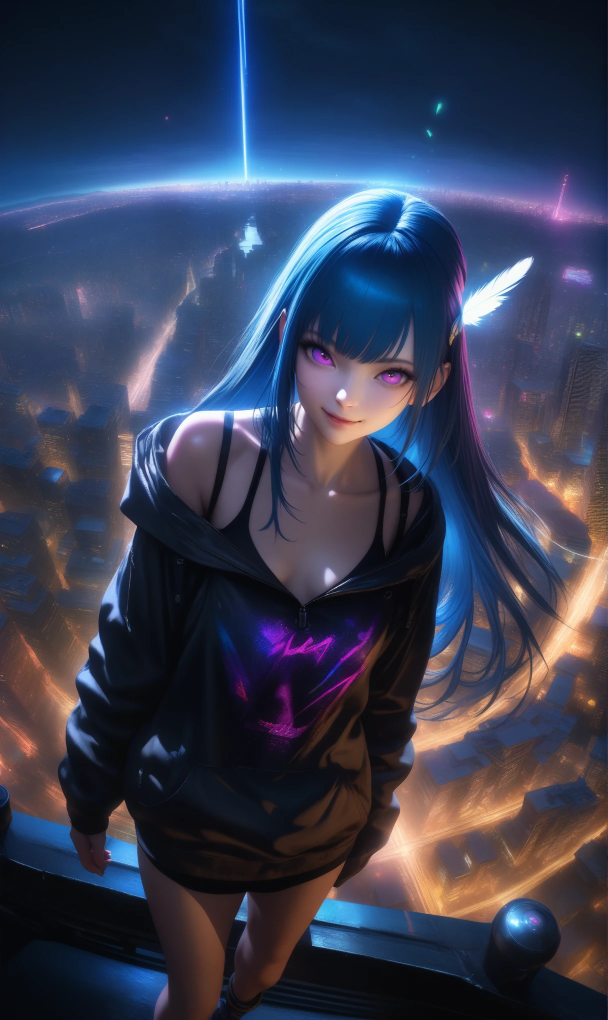 32k, best quality, ultra high res, HDR, UHD, extremely detailed CG, unity 32k wallpaper, (masutepiece), Best Quality, 超A high resolution,, Cyberpunk 1 girl flies over stunning cityscapes ,Hoodie,Blue hair, neon color流れ星, Very long hair, off shoulders, feathers hair ornament, neon color, flashes, stunning night sky, Cinematic lighting, Photorealistic, Realistic skin, Fisheye, (32k), smile,
