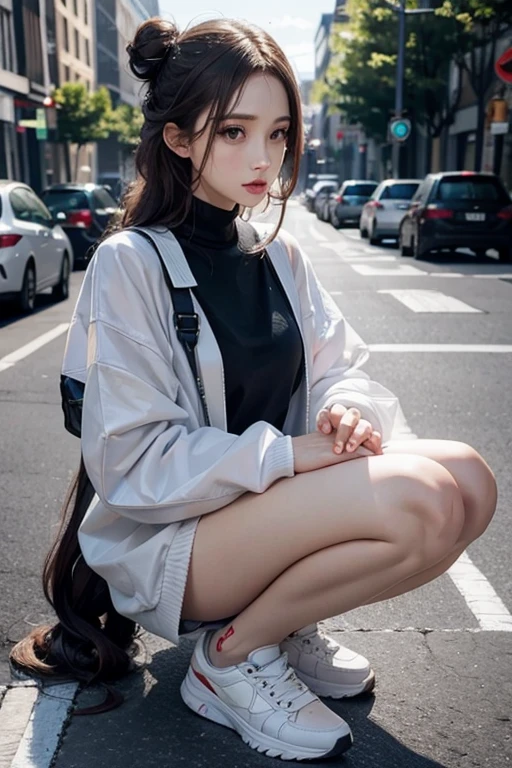 (Realistic、High resolution:1.3),(fashion:1.4),A street ensemble using see-through and surface materials,Hair Bun,Long Bangs,Curly Side Braids,Hair hanging down in front, White sneakers,