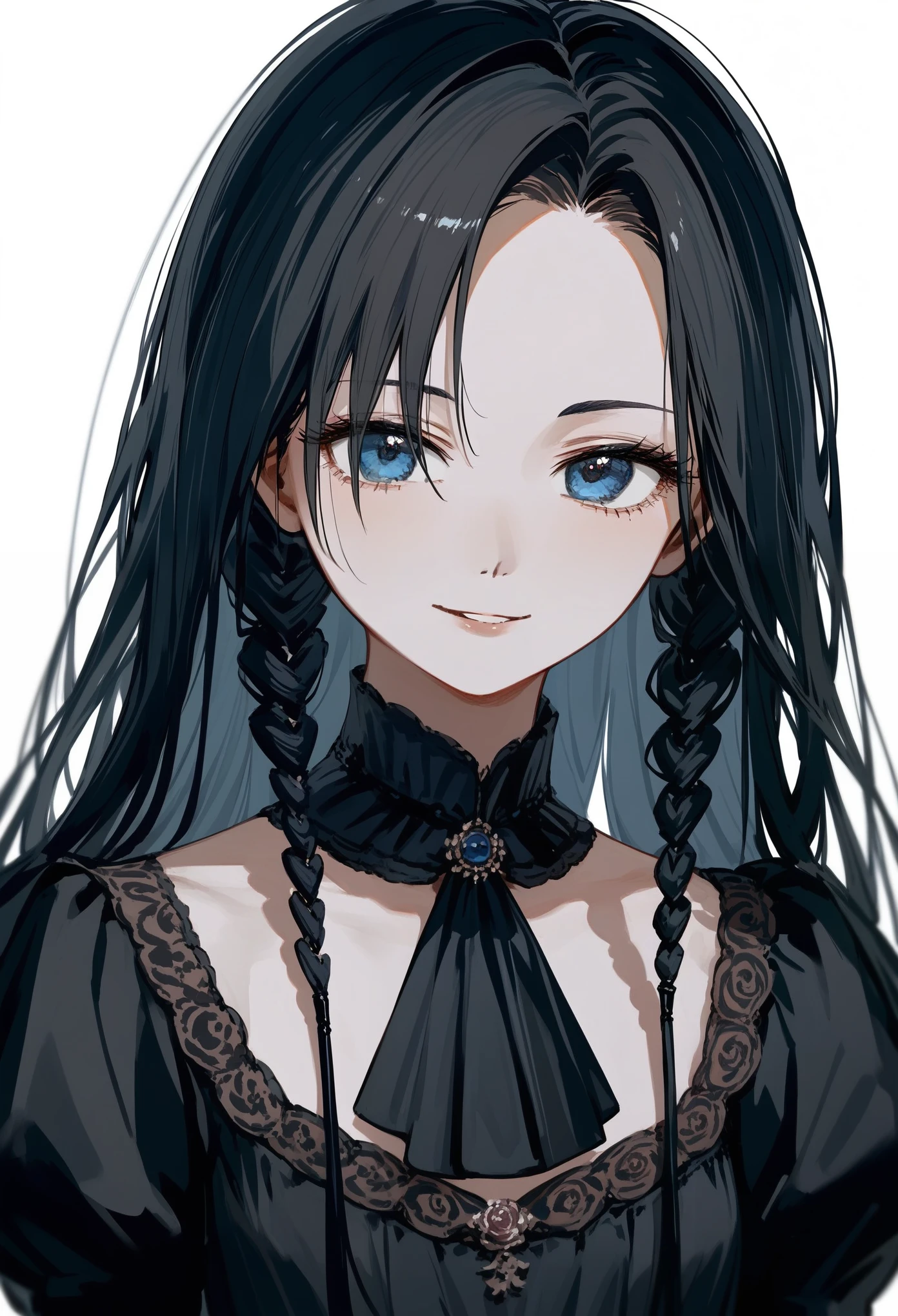 masterpiece, T-ponyai3 style, upper body, score_9, score_8_up, score_7_up, portrait, 1girl, solo, black hair, long hair, parted bangs, dark blue eyes, innexpressive, smirk, cute, pale skin, small breasts, upper body, victorian fashion, black dress, white background, best quality
