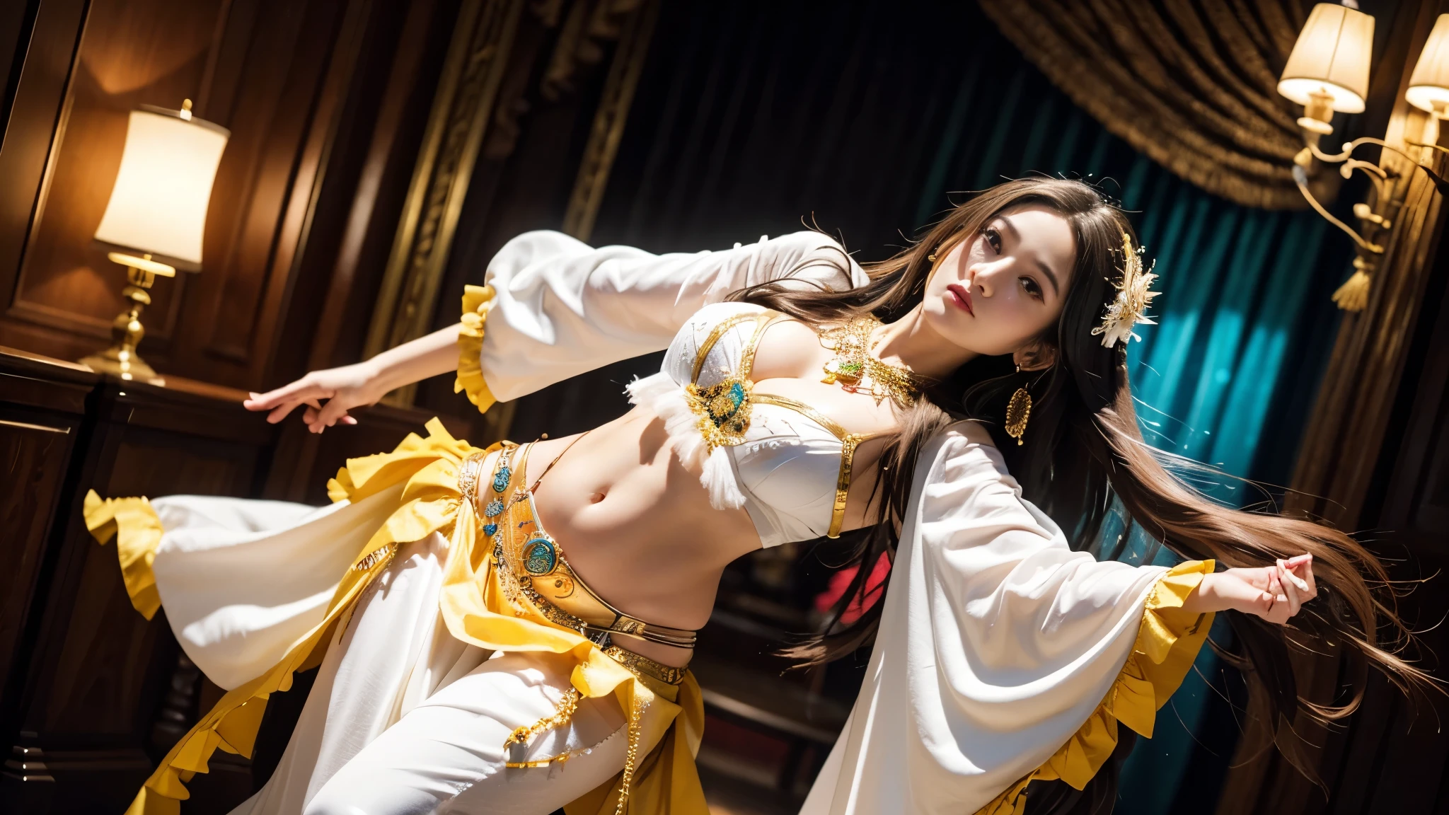 Fine details, huge file size, official art, highly detailed CG Unity 8k wallpaper, long hair, round face, AGE18, full body, gal makeup, front angle, flashy reggae dance costume, belly dancing in a white old castle,