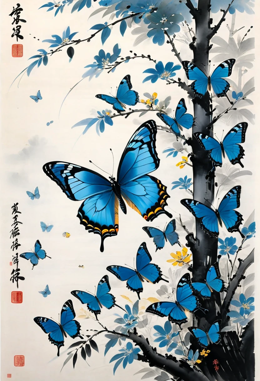 blue butterfly, (masterpiece, best quality, Professional, perfect composition, very aesthetic, absurdres, ultra-detailed, intricate details:1.3), by Wu Guanzhong