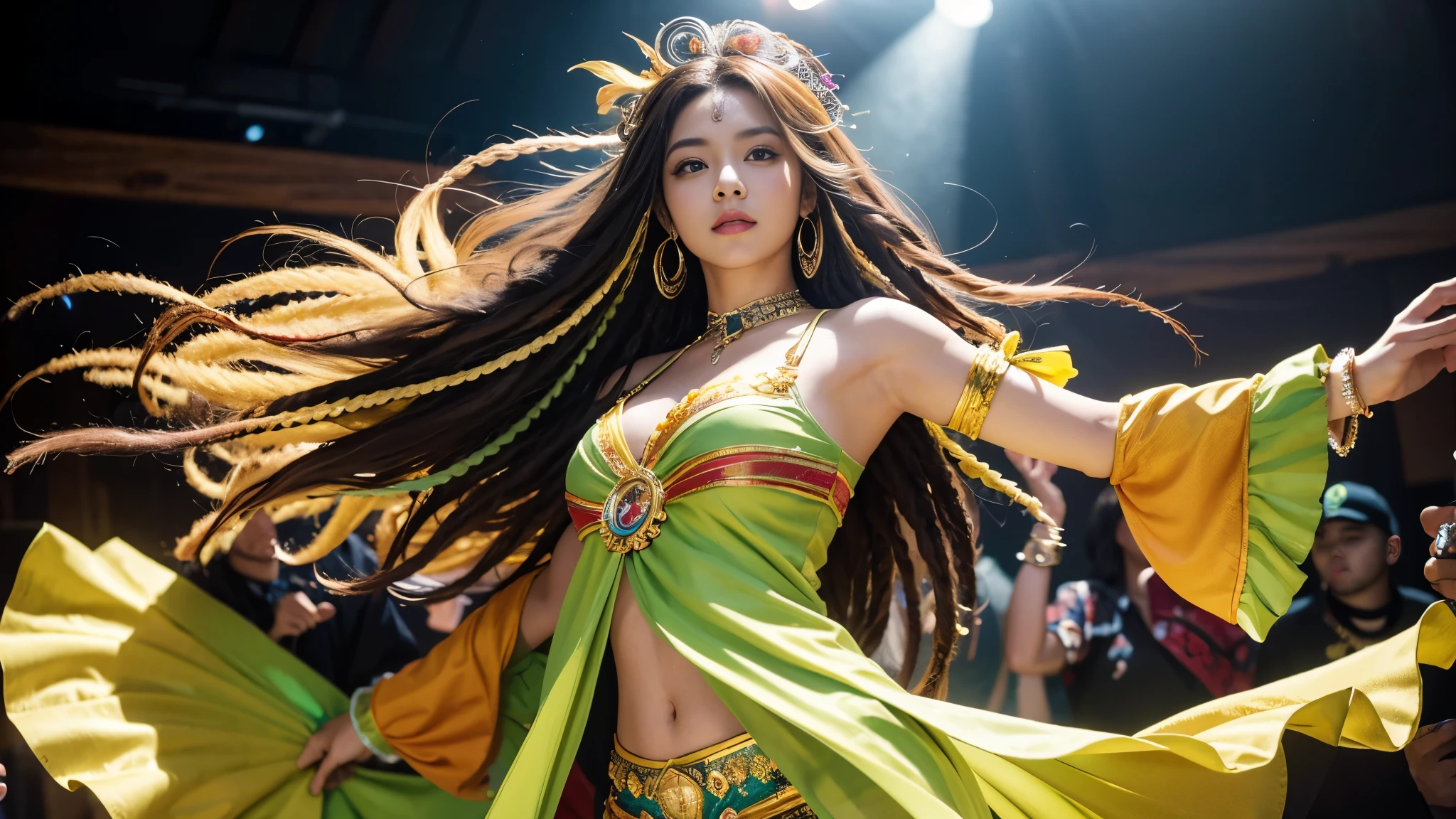 Fine details, huge file size, official art, highly detailed CG Unity 8k wallpaper, long hair, round face, AGE18, full body, gal makeup, front angle, flashy reggae dance costume, reggae dancing in a white old castle,