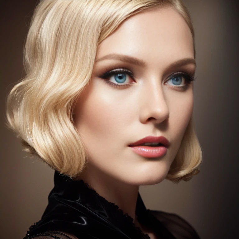 blond woman with blue eyes and a black dress posing for a picture, up face with 1 9 2 0 s hairstyle, yelena belova, sleek flowing shapes, sleek blond hair, blonde hair and large eyes, 1 9 2 0 s hairstyle, glamorous hairstyle, beauty retouch, glam hair, 1 9 2 0 s hair, aleksandra waliszewska, short hair