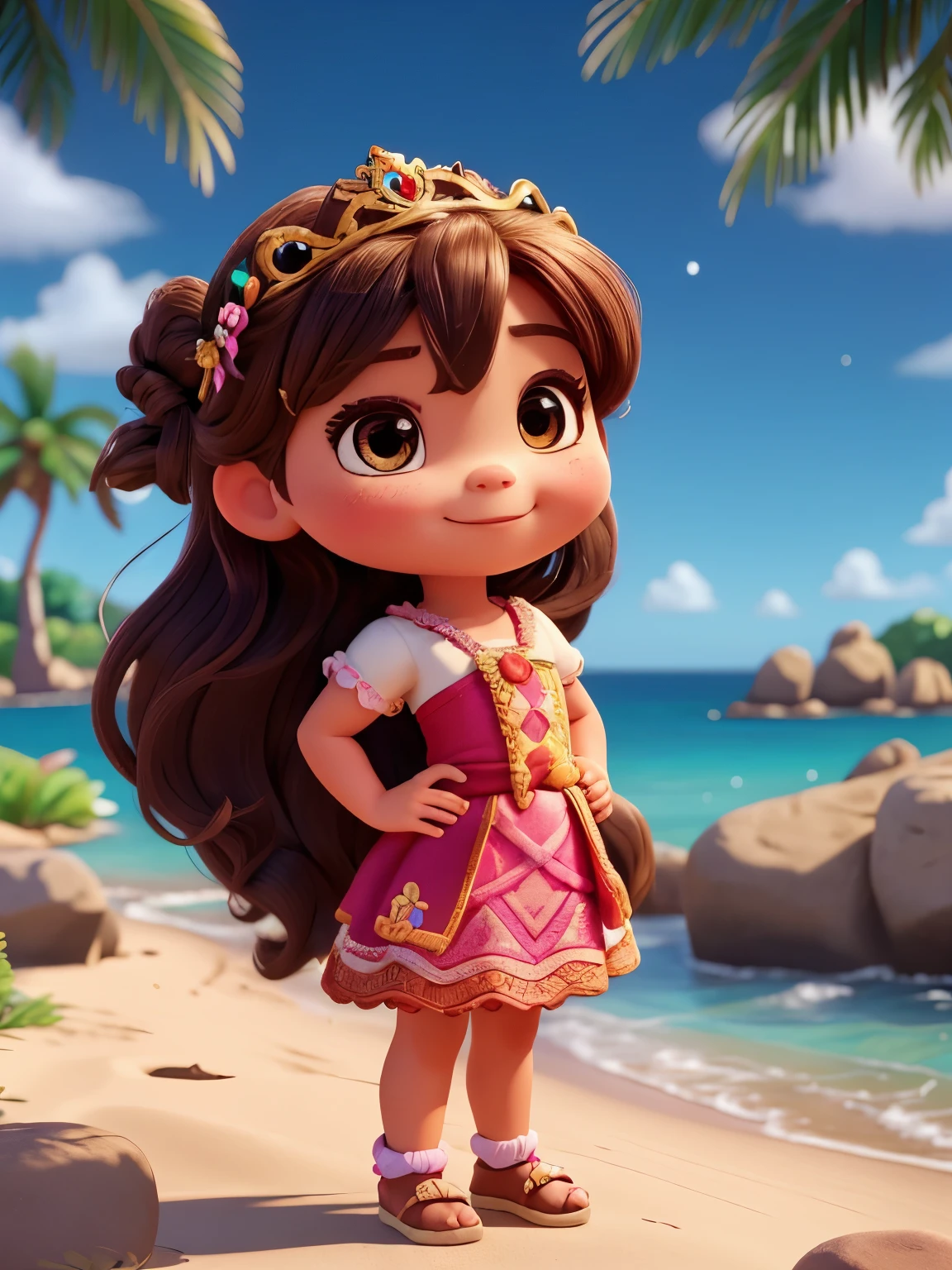 Create a 3  version of the character Moana in 8K resolution. Boneca Chibi Moana: She should look adorable and cute, Maintaining the iconic elements of the original character. Chibi Moana deveria ter um rosto redondo com grandes, olhos brilhantes e escuros, long eyelashes and rosy cheeks. O cabelo dela deve ser curto e cacheado e em tons escuros ou castanho escuro. vestido encantador: Vista a chibi Moanacom um vestido fofo e elegante de princesa em tons de rosa e dourado.O vestido pode ter babados, rendas e detalhes que remetem ao tema de princesa. Add bows or ribbons to add a touch of delicacy. Coroa de princesa: Adicione brincos delicados e dourados.  Sapatos fofos: Complete o look de Chibi Moana com sapatos dourados de princesa. On the feet, coloque sapatos de princesa fofos, com atacadores ou fivelas. magical accessories: Add beautiful accessories to Alice Moana like a princess crown in your hair or a tiara with princess-themed details. You can also include cute themed accessories in your hands. Certifique-se de adicionar sombras, texturas e detalhes para o cabelo, Moana chibi accessories to make her even more adorable and charming. Give him a smiling expression and a sweet smile on his face, capturing the essence of the character in a delicate and charming way.


