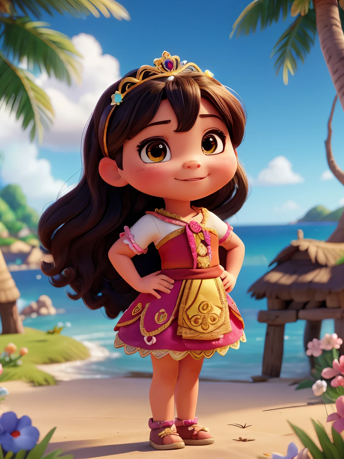 Create a 3 year old version of the character Moana in 8K resolution. Boneca Chibi Moana: She should look adorable and cute, Maintaining the iconic elements of the original character. Chibi Moana deveria ter um rosto redondo com grandes, olhos brilhantes e escuros, long eyelashes and rosy cheeks. O cabelo dela deve ser curto e cacheado e em tons escuros ou castanho escuro. vestido encantador: Vista a chibi Moanacom um vestido fofo e elegante de princesa em tons de rosa e dourado.O vestido pode ter babados, rendas e detalhes que remetem ao tema de princesa. Add bows or ribbons to add a touch of delicacy. Coroa de princesa: Adicione brincos delicados e dourados. Sapatos fofos: Complete o look de Chibi Moana com sapatos dourados de princesa. On the feet, coloque sapatos de princesa fofos, com atacadores ou fivelas. magical accessories: Add beautiful accessories to Alice Moana like a princess crown in your hair or a tiara with princess-themed details. You can also include cute themed accessories in your hands. Certifique-se de adicionar sombras, texturas e detalhes para o cabelo, Moana chibi accessories to make her even more adorable and charming. Give him a smiling expression and a sweet smile on his face, capturing the essence of the character in a delicate and charming way.
