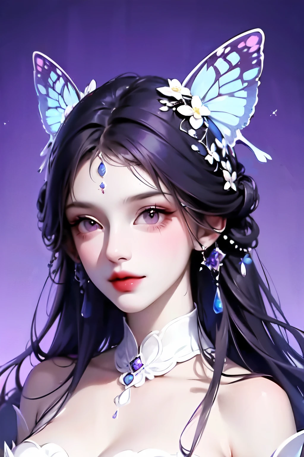 beautiful Woman with butterflies in her hair "girl" (digital art), hyperdetalization,stylization,poster,composition,purple-blue background,lots of details,beautiful