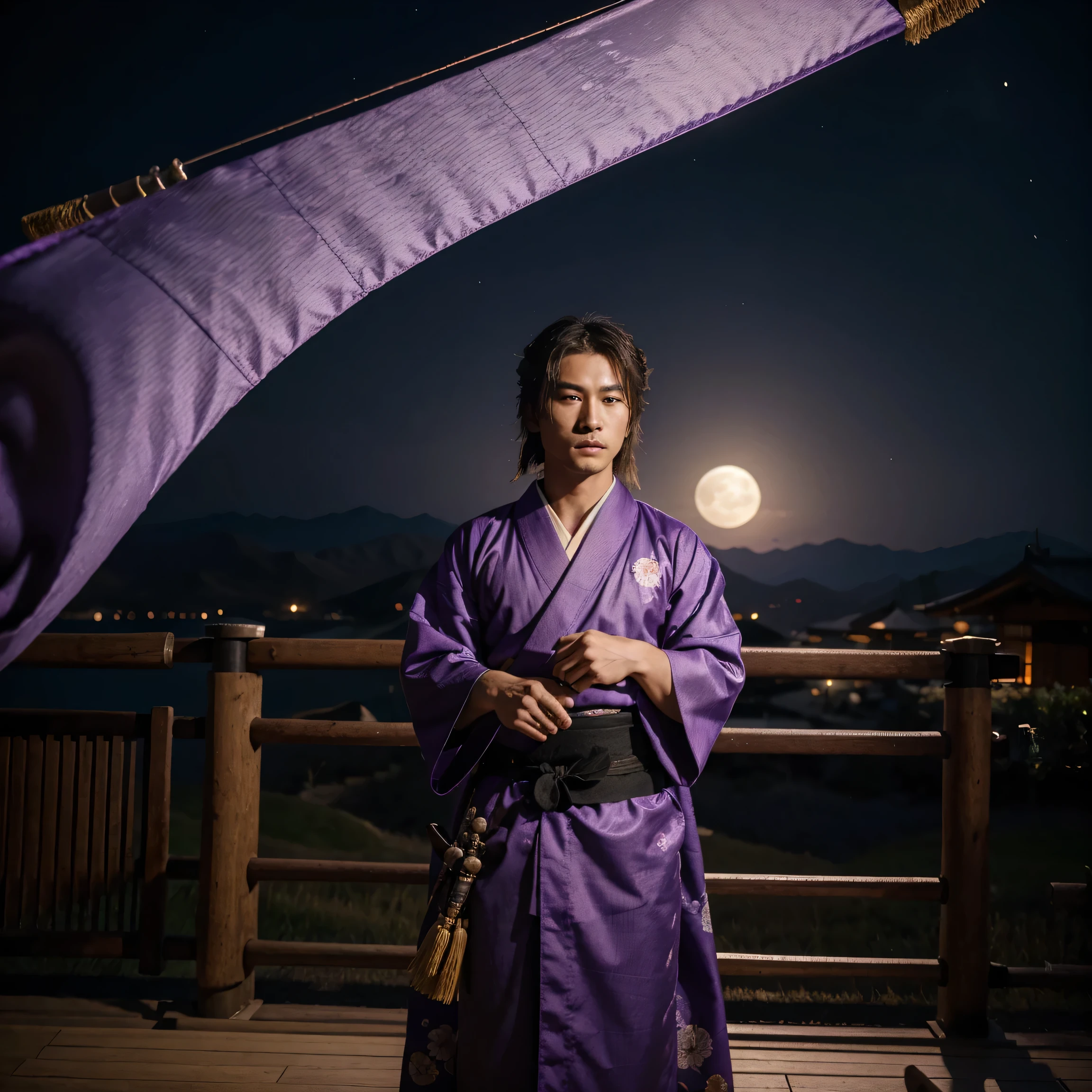 masterpiece, best quality, samurai in purple kimono, cloth flowing in the air, moon, boreal steppe, sfw