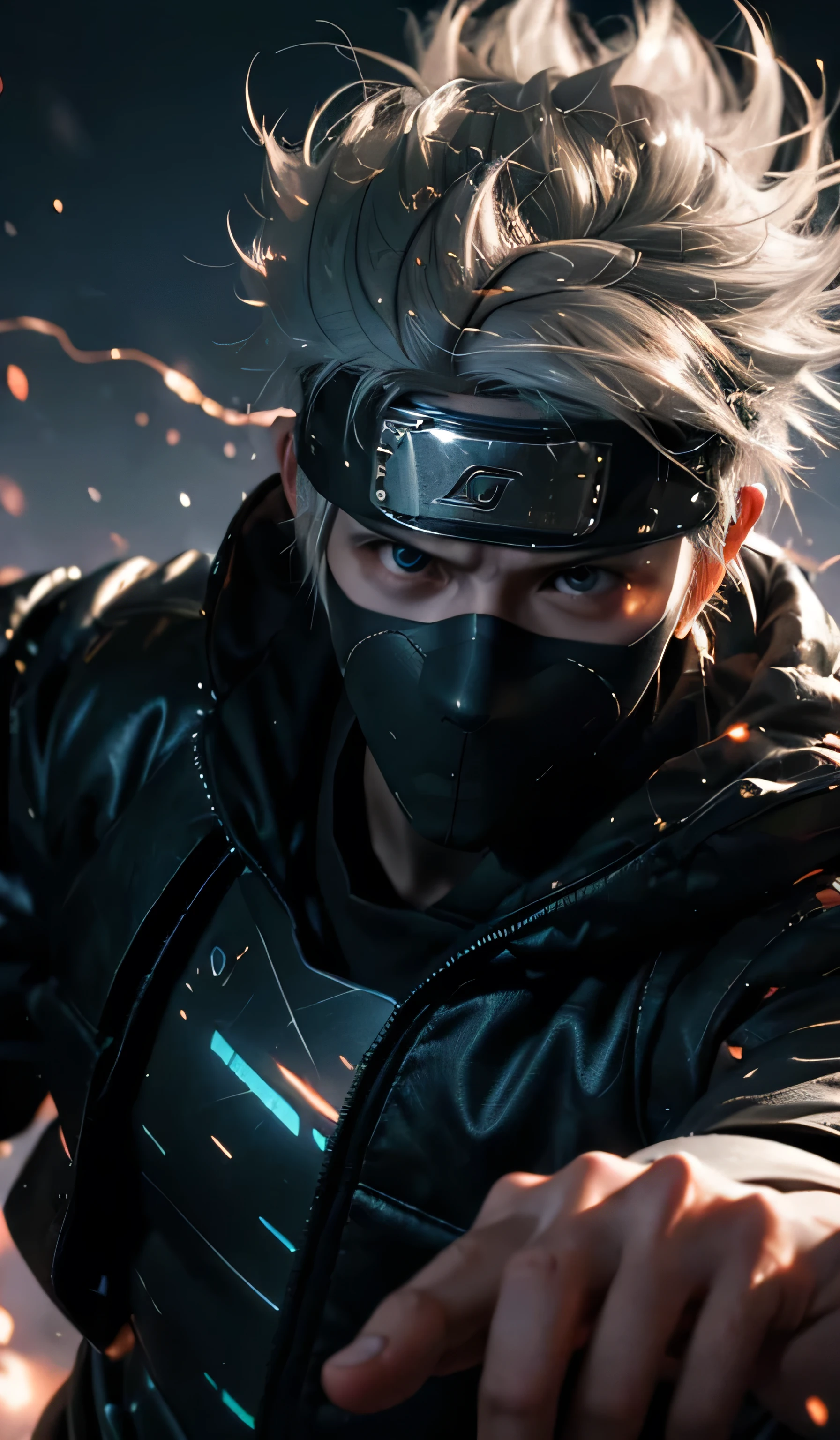 (dramatic, gritty, intense:1.4),masterpiece, best quality, 8k, insane details, intricate details, hyperdetailed, hyper quality, high detail, ultra detailed, Masterpiece,upper body, close-up,(imid shot,macro shot:1.25),(white hair:1.2),1boy, 
Kakashi Hatake in Naruto, holographic reality, holographic halo, motion blur, game light effect, rim light, soft light, movie rim light, delicate light, cyberpunk style, oil painting texture, full length shot, 3D artist, detailed, futuristic, lightning,