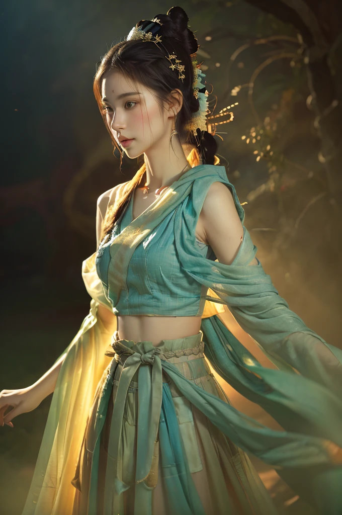 ( masterpiece, top quality, best quality,8k,17 years old girl,ultra detailed,raw photo:1.5),(photorealistic:1.4),(cinematic lighting), PerfectNwsjMajic, , Surrealism, UHD, ccurate, Super detail, textured skin, High detail, Best quality, dynamic angle, (high nose,White skin),[Beautiful blue eyes],(1girl),(good anatomy:0.5)), dunhuang_style, Dreamy atmosphere,expressive brush strokes, mystical ambiance, Artistic interpretation, a whimsical illustration, Subtle colors and tones, straight face