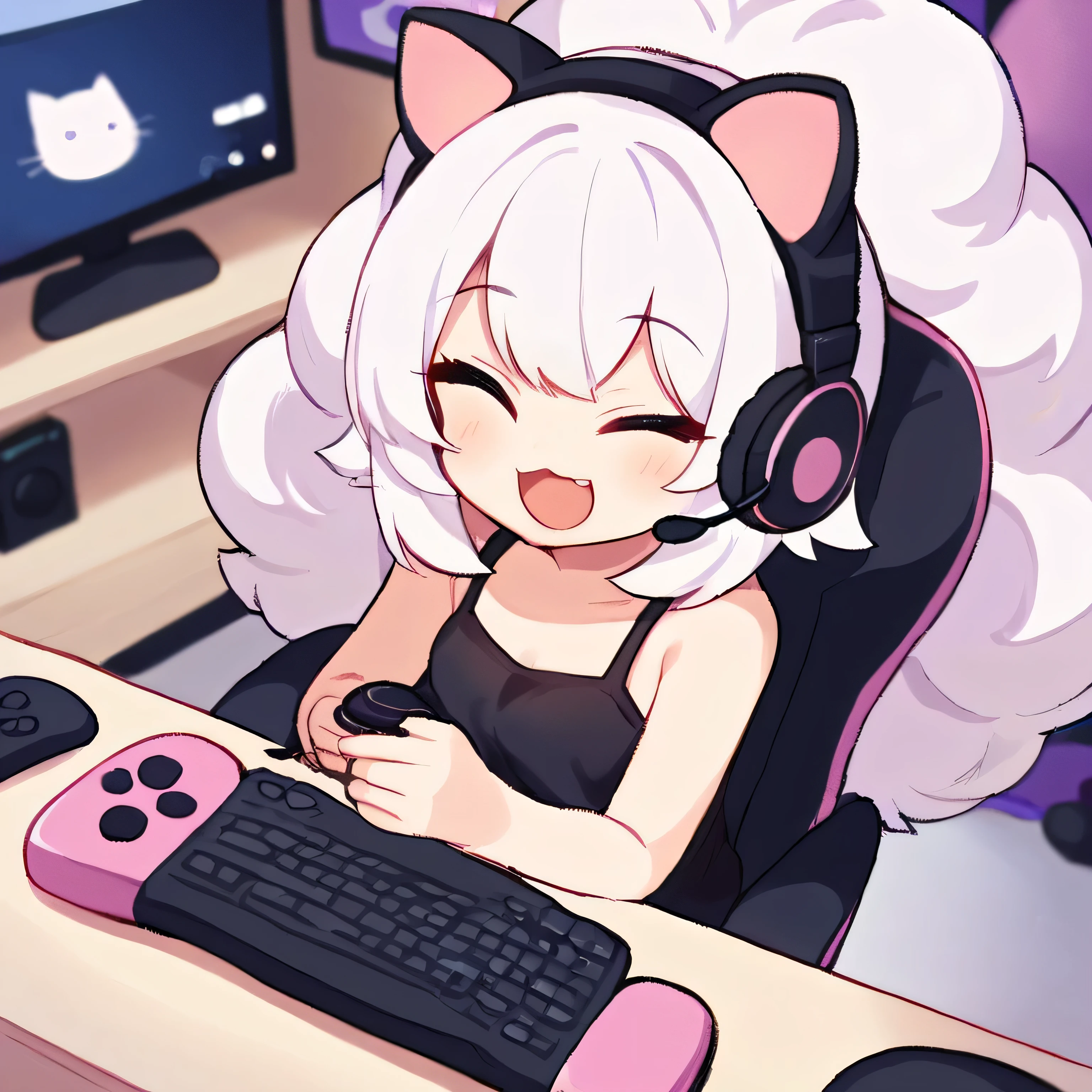 cartoon style of a gamer girl, playing with her computer, wearing a headset, gaming chair, backdrop with purple and pink colors, simple black blouse, cat ears, happy, in the room, cute, (with bangs, white hair, big hair) angle side camera