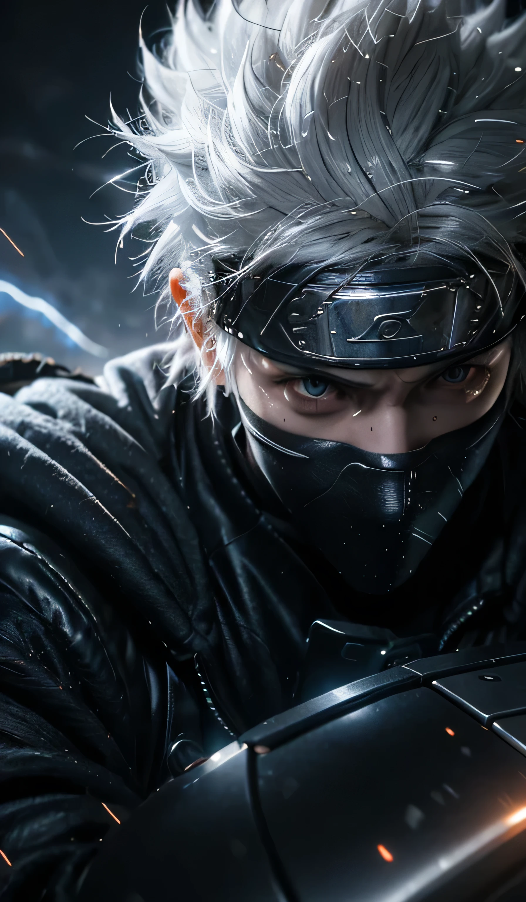 (dramatic, gritty, intense:1.4),masterpiece, best quality, 8k, insane details, intricate details, hyperdetailed, hyper quality, high detail, ultra detailed, Masterpiece,upper body, close-up,(imid shot,macro shot:1.25),(white hair:1.2),1boy, 
Kakashi Hatake in Naruto, holographic reality, holographic halo, motion blur, game light effect, rim light, soft light, movie rim light, delicate light, cyberpunk style, oil painting texture, full length shot, 3D artist, detailed, futuristic, lightning,