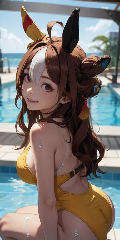 copano rickey \(umamusume\)、Close-up of the butt looking up from below、Get wet all over 1.5.Realistic、squat butt emphasis、13 year old girl、wearing a yellow swimsuit,smile,cleavage emphasis,face reality,lips are a little red,cheeks are a little red,Sexy,pool