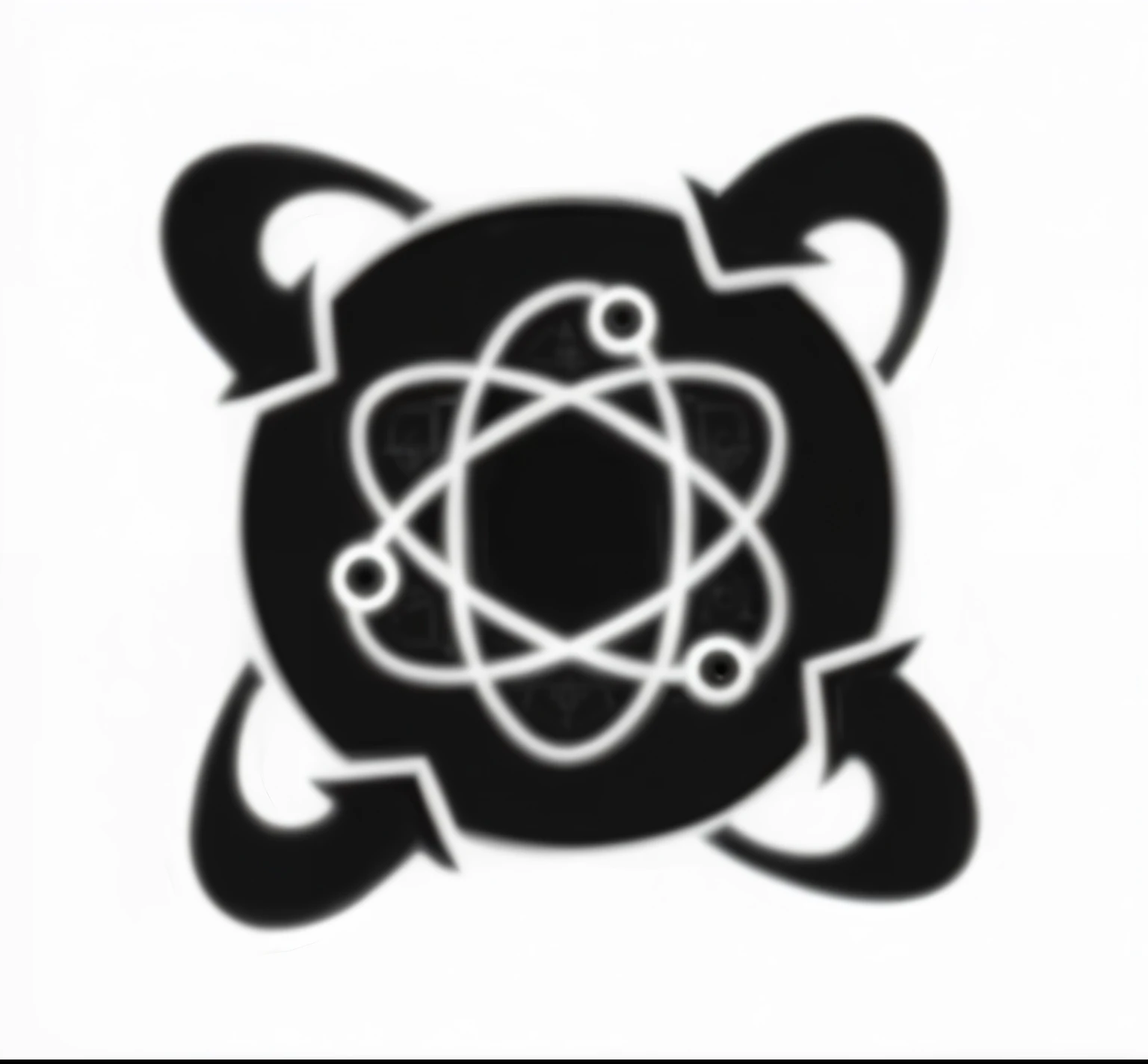 a close up of a logotipo preto e branco with a circular design, Átomopunk, fantasy game spell symbol, atom, ancient symbol behind it, aperture science, SCP Foundation, glifo do infinito, logotipo preto e branco, design inafuno, cymatics, venus planet symbol, alchemical, shodan, glifo teonanacatl, Metatron