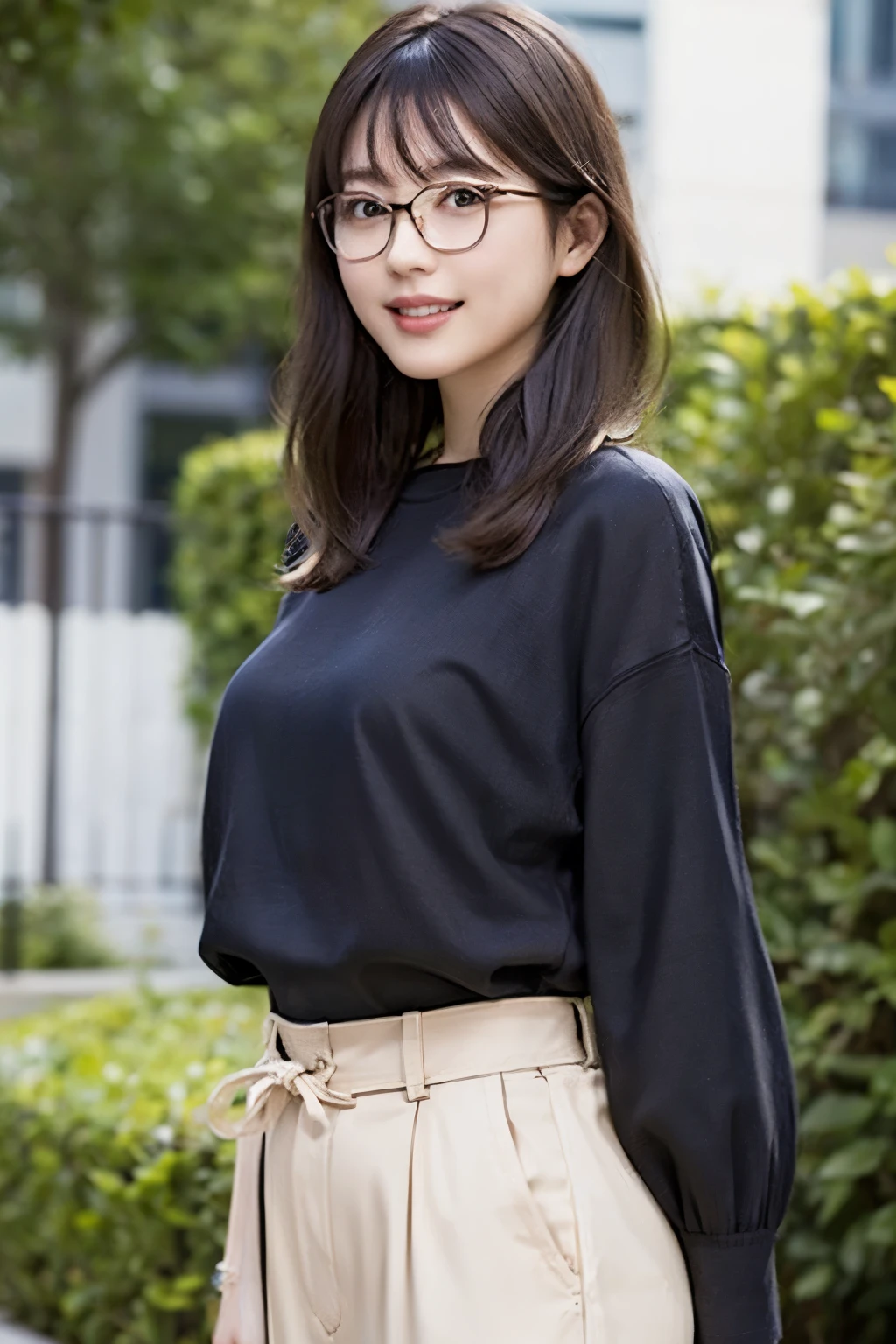 (8k、RAW Photos、highest quality、masterpiece:1.2)、(Realistic、Photorealistic:1.37)、Very detailed、Ultra-high resolution、1 girl、Seeing the viewer、Beautiful and dense face、Laughter、narrow、(Narrow waist) :1.3)、Beautiful, smooth skin、Spring Clothes、Skin Texture、Floating Hair、Spring morning in the business district、Black square glasses 、The human body as a whole、Black Hair、