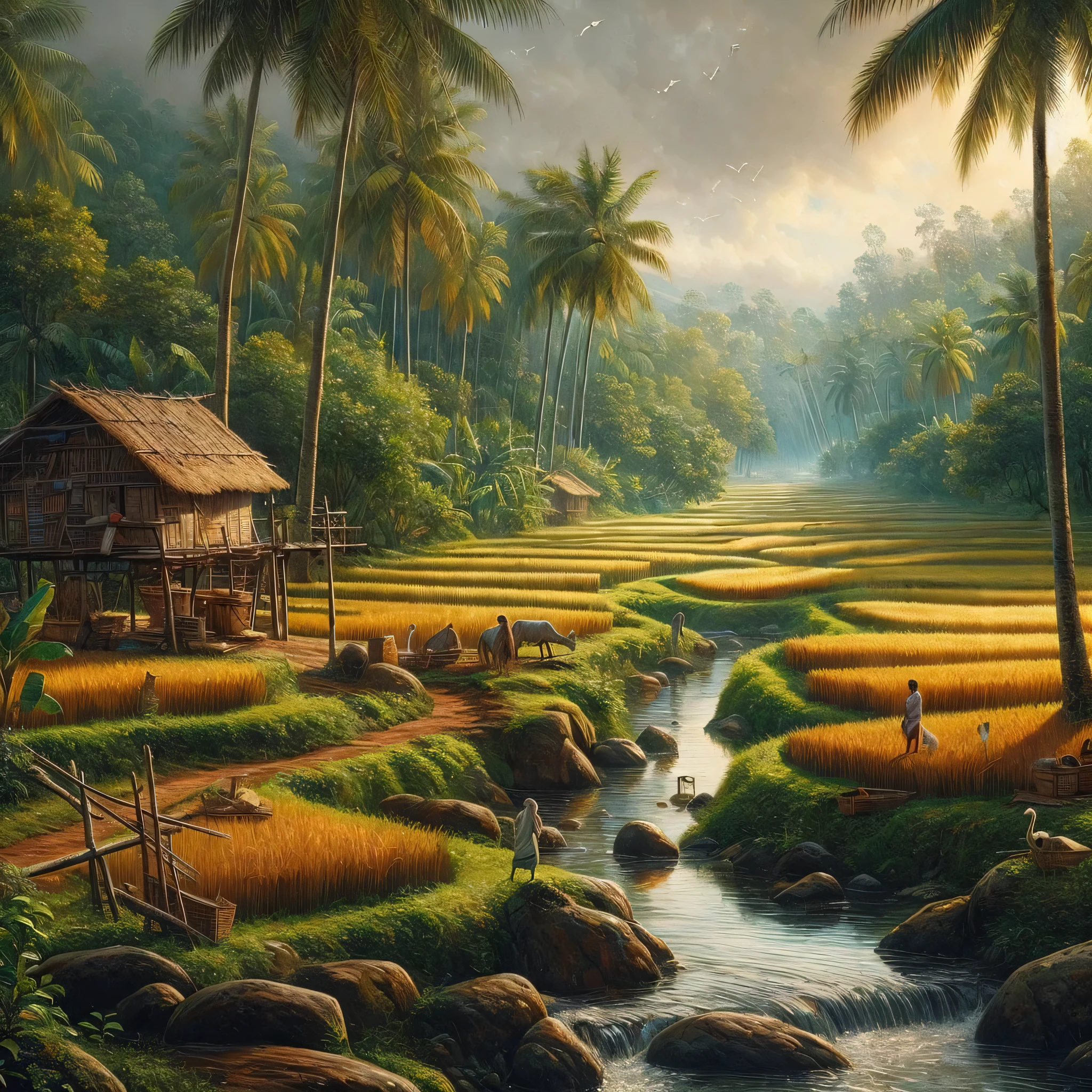 Oil on canvas, painting of a scene, rural home near paddy fields and coconut trees and rivulet in Karnataka, India , Miki Asai Macro photography, close-up, hyper detailed, trending on artstation, sharp focus, studio photo, intricate details, highly detailed, by greg rutkowski