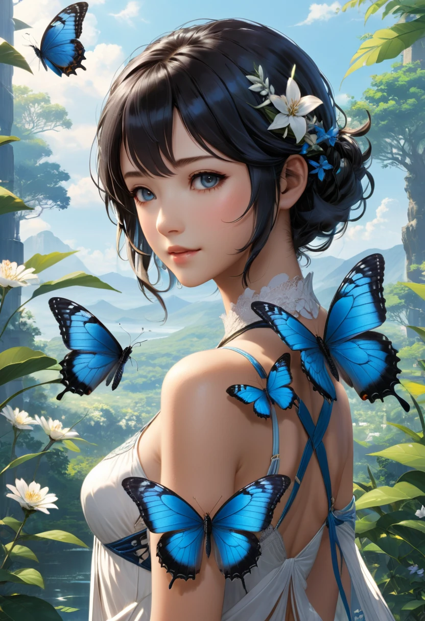 blue butterfly, (masterpiece, best quality, Professional, perfect composition, very aesthetic, absurdres, ultra-detailed, intricate details:1.3), by Makoto Shinkai and Makoto Niitsu style