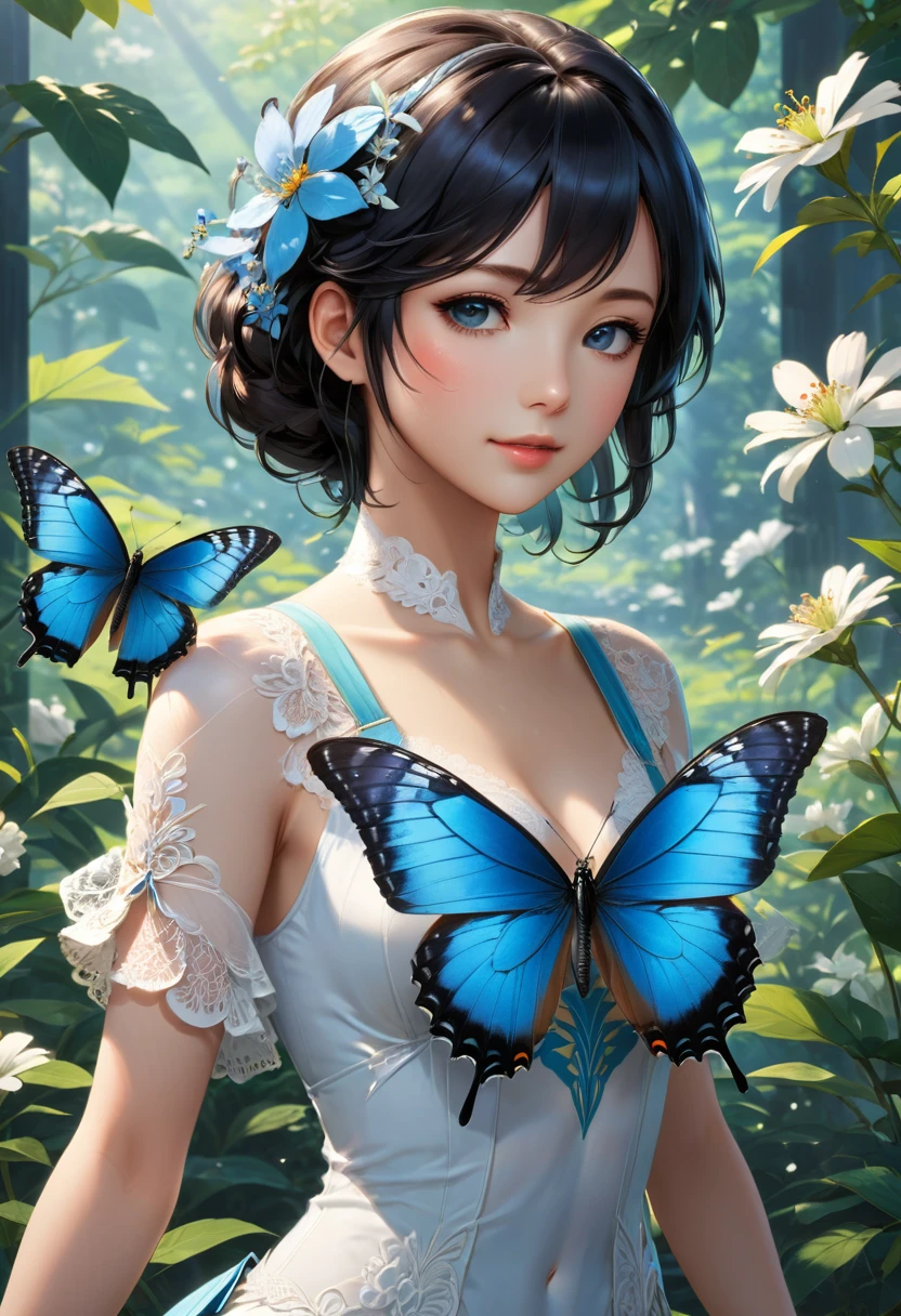 blue butterfly, (masterpiece, best quality, Professional, perfect composition, very aesthetic, absurdres, ultra-detailed, intricate details:1.3), by Makoto Shinkai and Makoto Niitsu style