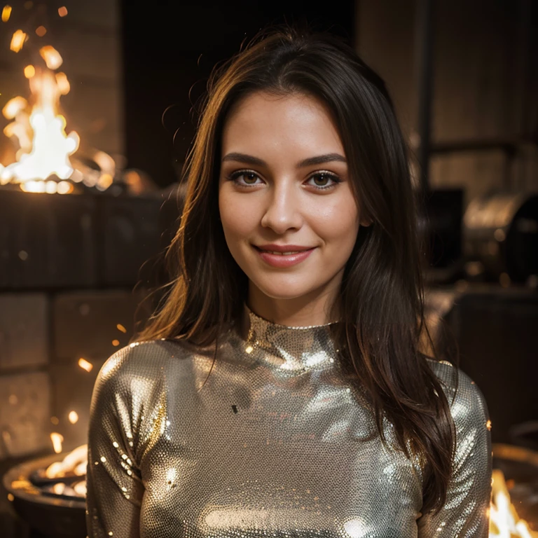 a woman, 25ear old, long brunette hairs, textured skin, romantic smile, a lot of details, dans une fonderie, molten metal, Sparks, peau moite, metal evening dressshaped on the body , plan large