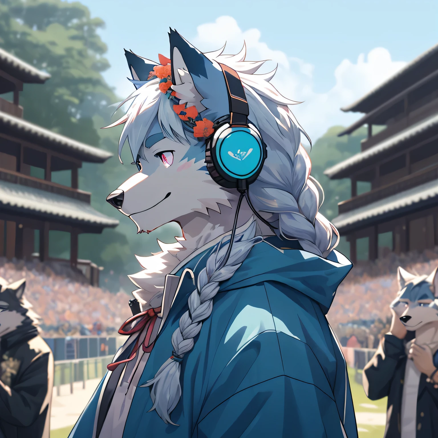 A scene from the movie middle, Depth of Field, absurd, Looking at the audience, (best quality), (masterpiece), (Super detailed), Clear focus, Niji, Eye contact, Blue gradient pink eyes, hairy, Solitary, light white fur, Cyan fur, Close-up face, Profile picture, , Blink, Smile, anthropology (Wolf), male, (Wolf), middle, wreath, raincoat, Super detailed face,middle long hair,Braid behind the back,Red headphones hanging around the neck,Shy expression
