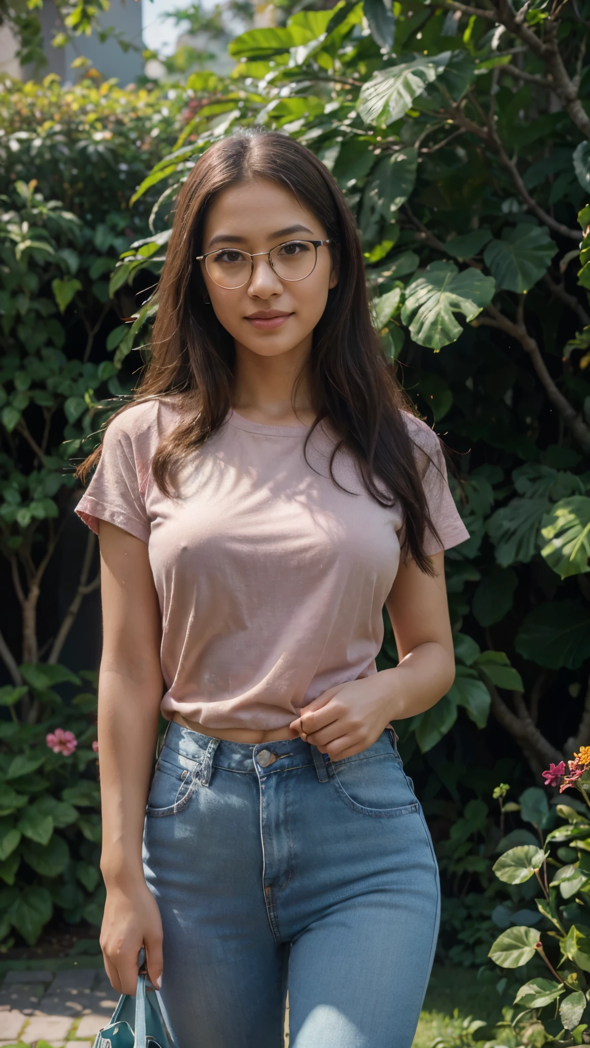 (best quality,4k,8k,highres,masterpiece: 1.2),(realistic,photorealistic,photo-realistic: 1.37),(aesthetic: 1.1),(beautiful detailed eyes),(beautiful detailed lips),(Indonesian face: 1.1),(long eyelashes),(joyful expression),(wearing light blue jeans: 1.1) and (maroon red t-shirt: 1.1),(full body: 1.1),(glasses: 1.1),(1 large tote bag: 1.1),(standing under natural daylight: 1.1),surrounded by vibrant flowers in a lush garden: 1.1,(soft breeze: 1.1),portrait: 1.1,(vivid colors: 1.1),(subtle color grading: 1.1),(soft warm lighting: 1.1),(bokeh: 1.1)