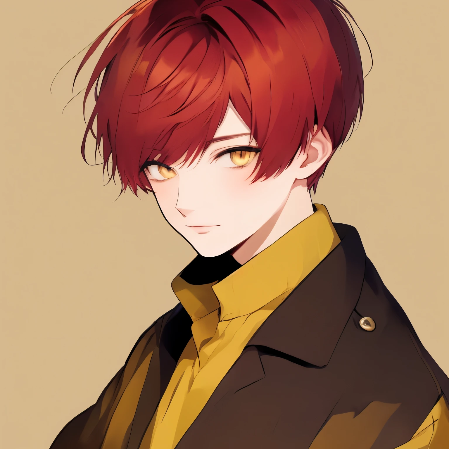Dark brown,yellow eyes, Short hair, Red hair, Pixie cut, using for a senior boy, in the school, normal face, bright color.