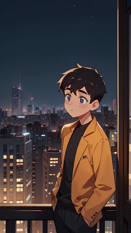 Show a bustling urban landscape, with skyscrapers towering in the background. Focus on an apartment building nestled amidst the city's noise, with large windows offering a glimpse of the vibrant city lights. A young man named Alex stands on his apartment balcony, gazing towards the night sky with eyes full of dreams.