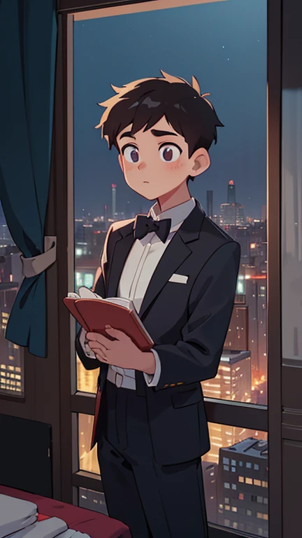 Show a bustling urban landscape, with skyscrapers towering in the background. Focus on an apartment building nestled amidst the city's noise, with large windows offering a glimpse of the vibrant city lights. A young man named Alex stands on his apartment balcony, gazing towards the night sky with eyes full of dreams.