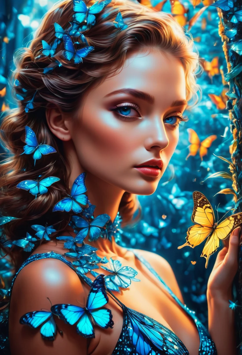 blue butterfly, by Brandon Woelfel and Helmut Newton, best quality, masterpiece, very aesthetic, perfect composition, intricate details, ultra-detailed